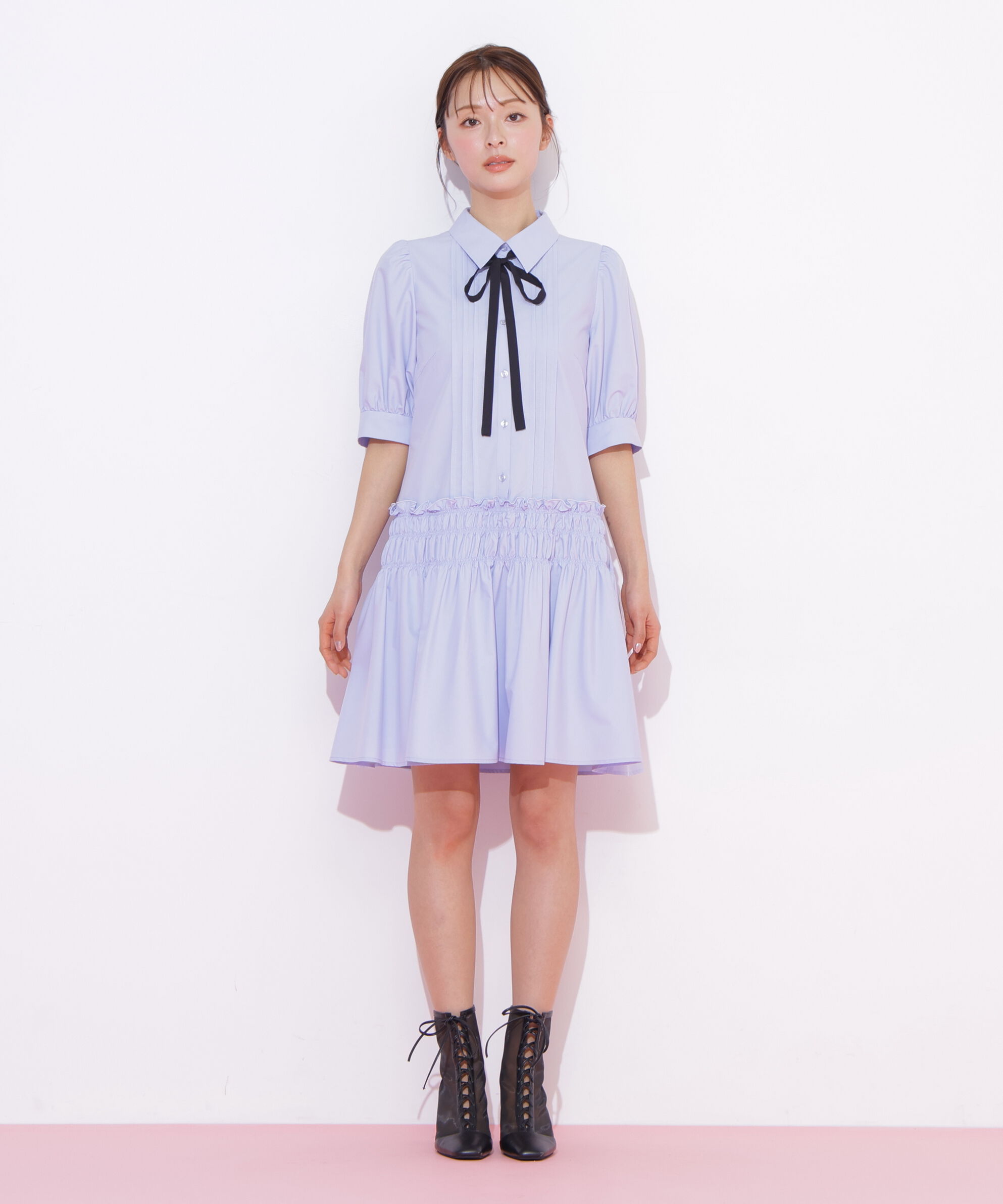  「シャーリングミニシャツワンピース」|ワンピース|
