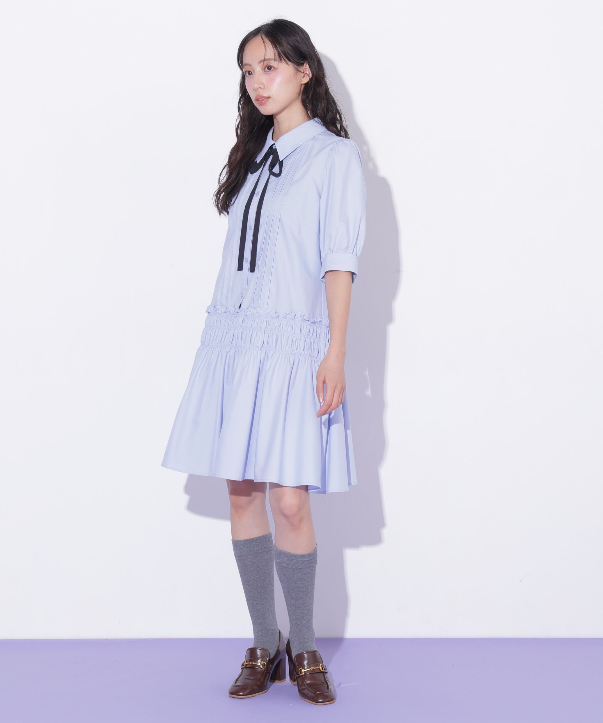  「シャーリングミニシャツワンピース」|ワンピース|