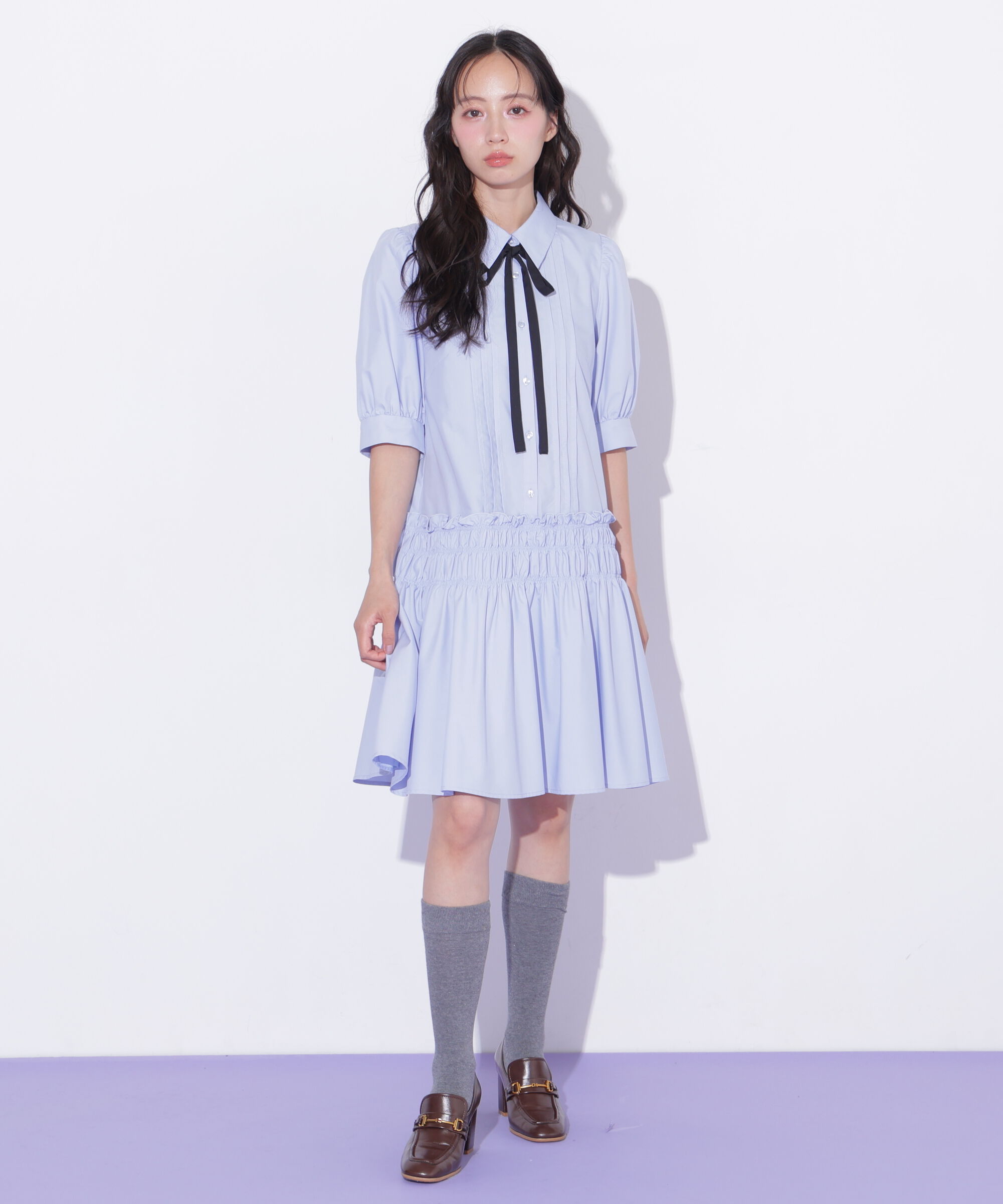  「シャーリングミニシャツワンピース」|ワンピース|