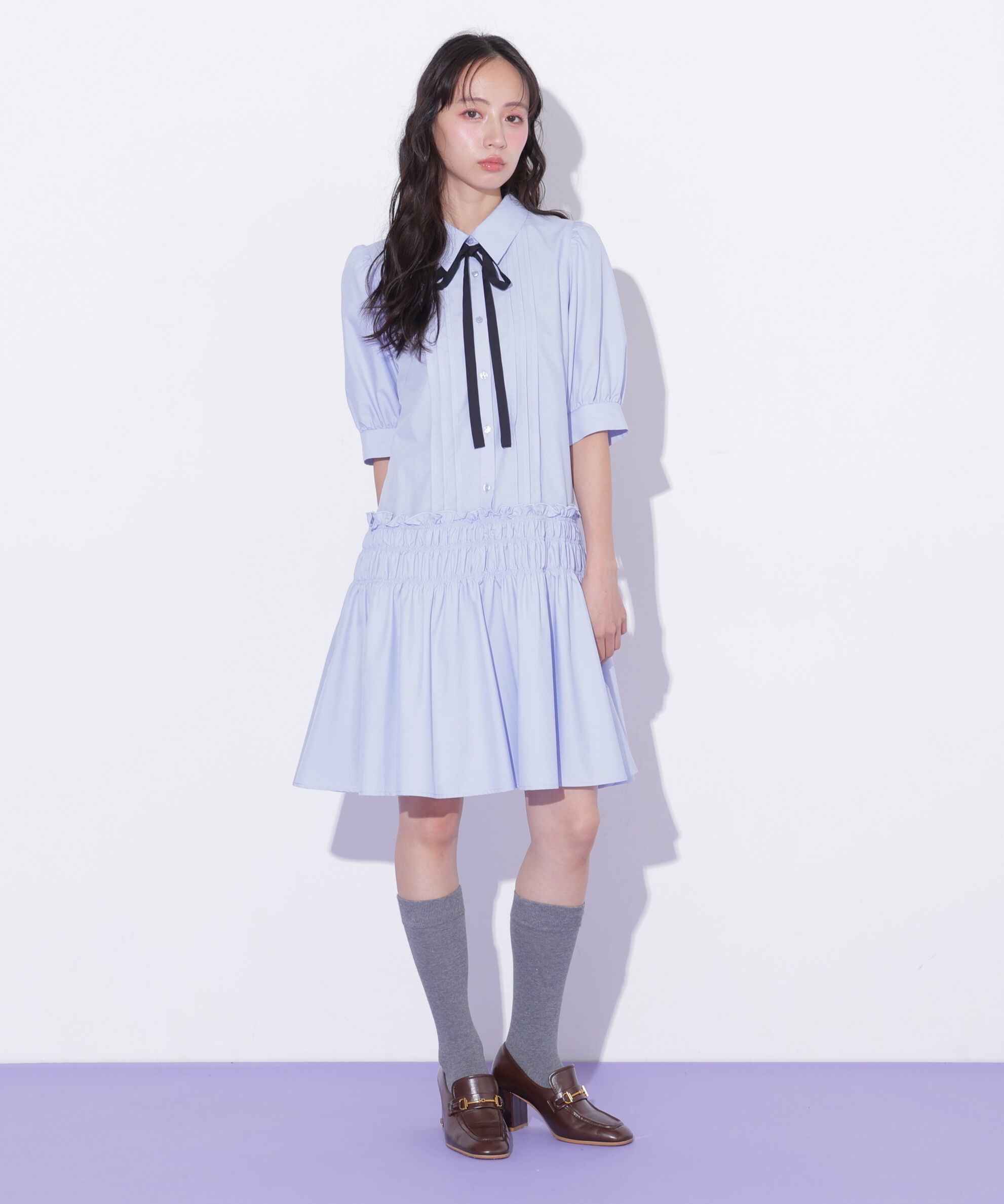  「シャーリングミニシャツワンピース」|ワンピース|