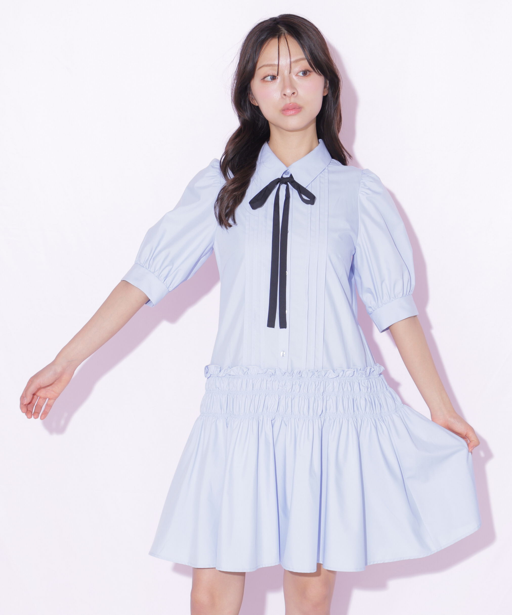  「シャーリングミニシャツワンピース」|ワンピース|