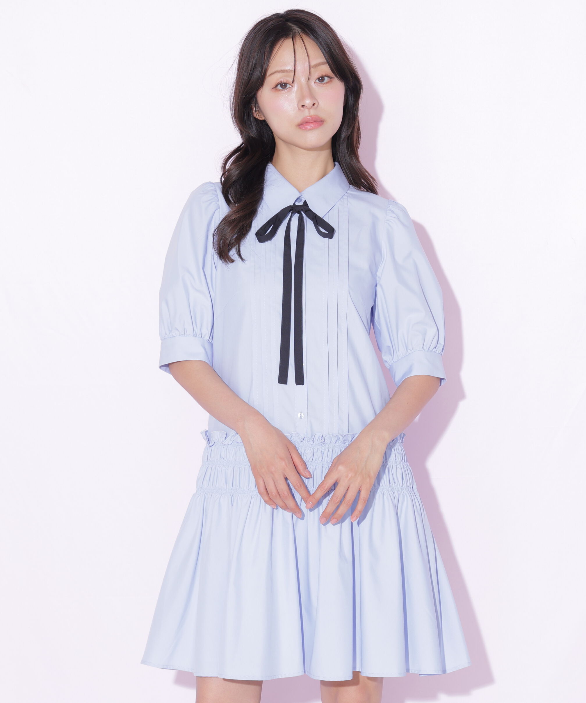  「シャーリングミニシャツワンピース」|ワンピース|