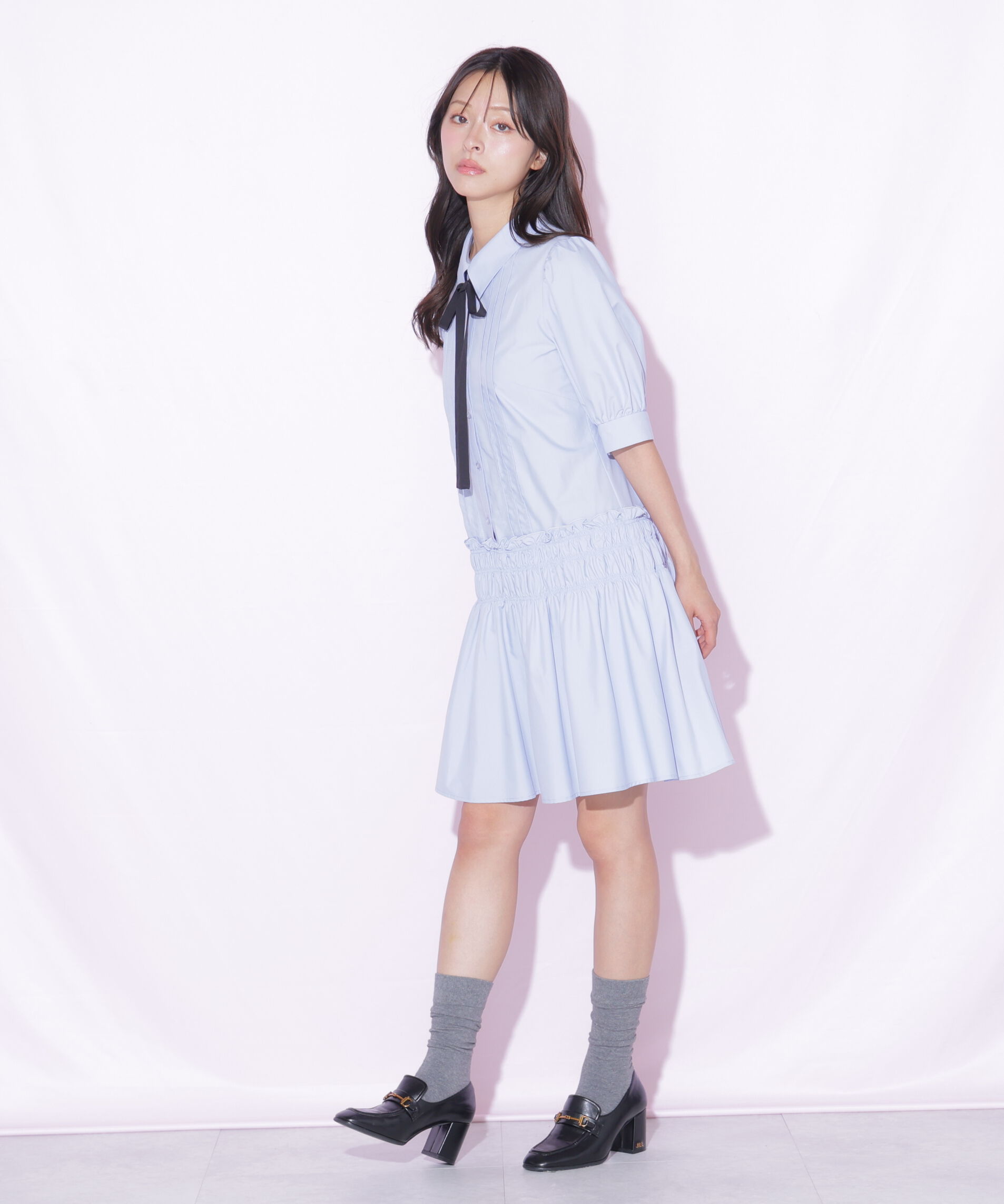  「シャーリングミニシャツワンピース」|ワンピース|
