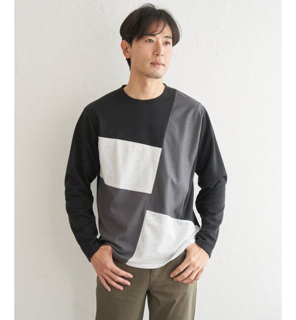 ikka「ブロックスポンチ切り替えロンT」|Tシャツ・カットソー|ブラック