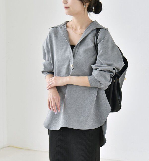quaranciel「〈洗濯機可能〉ウールライク Vネック スキッパー シャツ & ワイド パンツ セットアップ」|ワンピース|