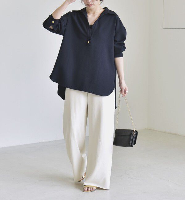quaranciel「〈洗濯機可能〉ウールライク Vネック スキッパー シャツ & ワイド パンツ セットアップ」|ワンピース|