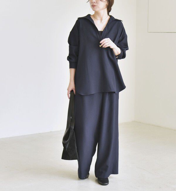 quaranciel「〈洗濯機可能〉ウールライク Vネック スキッパー シャツ & ワイド パンツ セットアップ」|ワンピース|