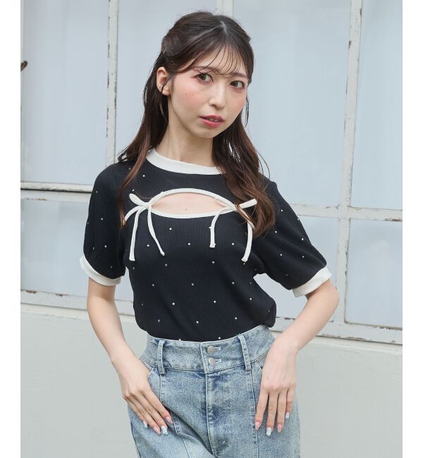  「デコルテオープンラインストーントップス」|Tシャツ・カットソー|