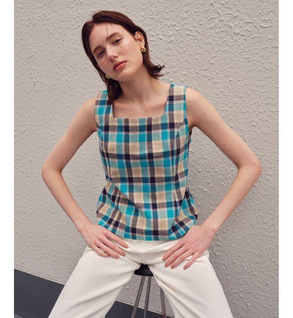 allureville「【セットアップ対応可能】チェックスクエアスリーブレスプルオーバー」|シャツ・ブラウス|グリーン