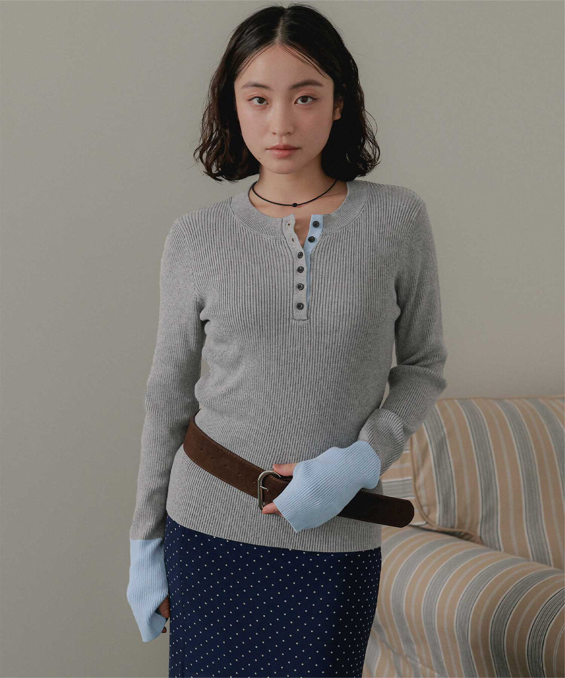 miette「ヘンリーネック配色フィンガーリブニット」|ニット・セーター|ライトグレー