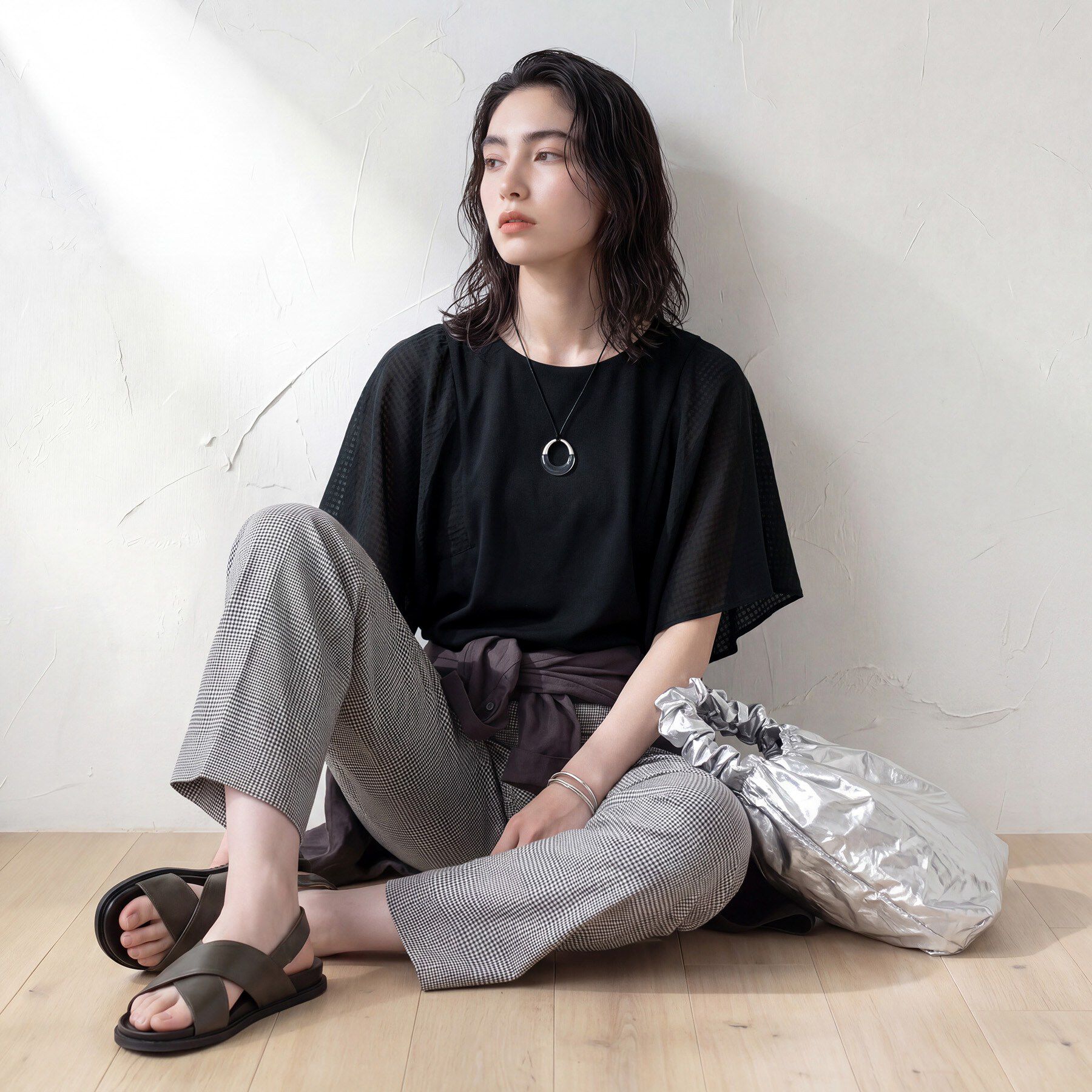 INDIVI「【洗える／シアーチェック柄】異素材コンビスリーブトップス」|Tシャツ・カットソー|