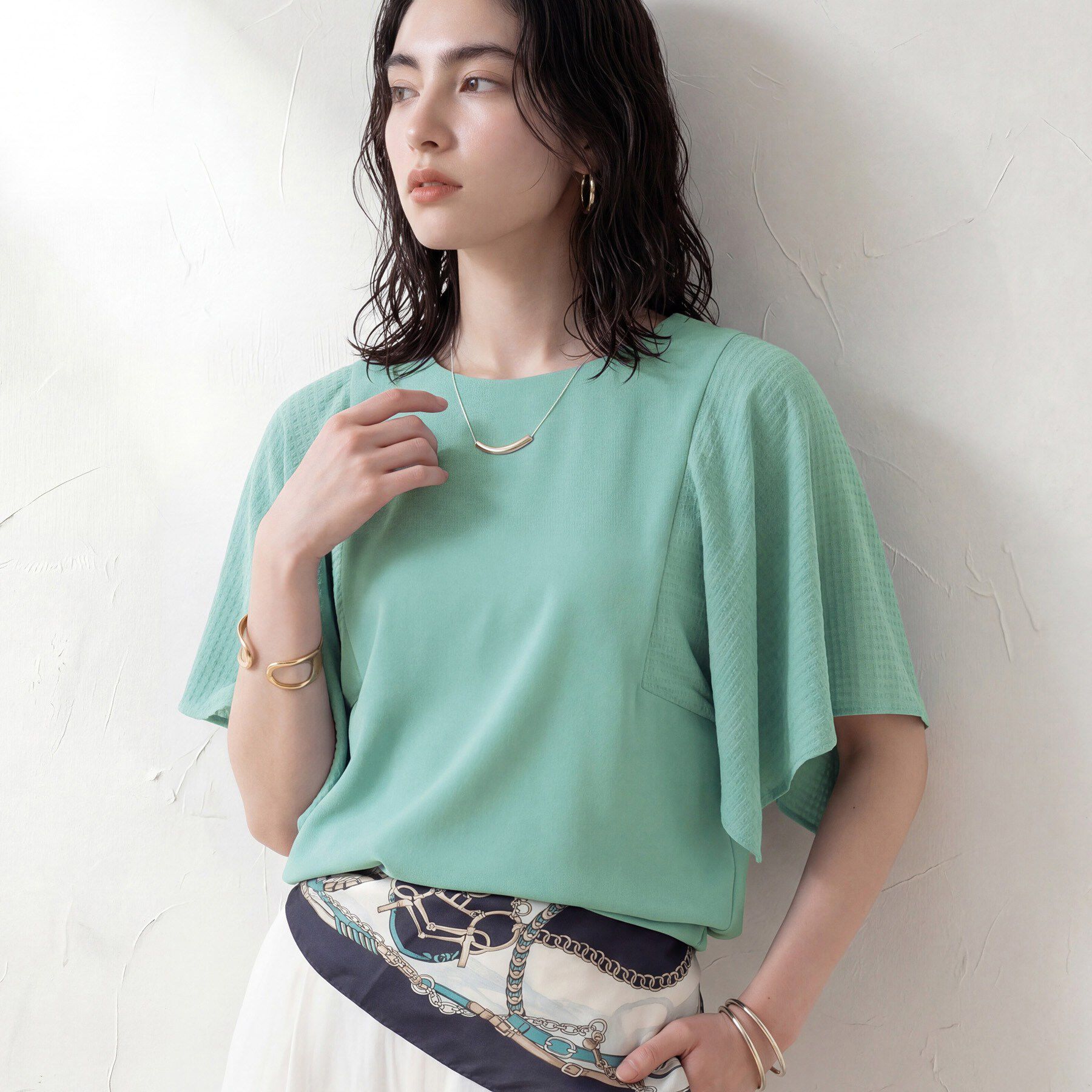 INDIVI「【洗える／シアーチェック柄】異素材コンビスリーブトップス」|Tシャツ・カットソー|ミントグリーン(62