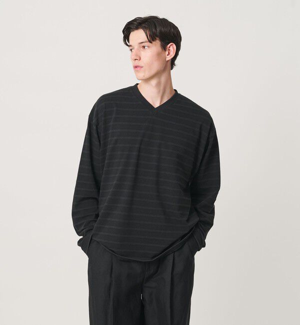 MONKEY TIME「ウォッシュド ボーダー Vネック ロングスリーブ Tシャツ」|Tシャツ・カットソー|BLACK