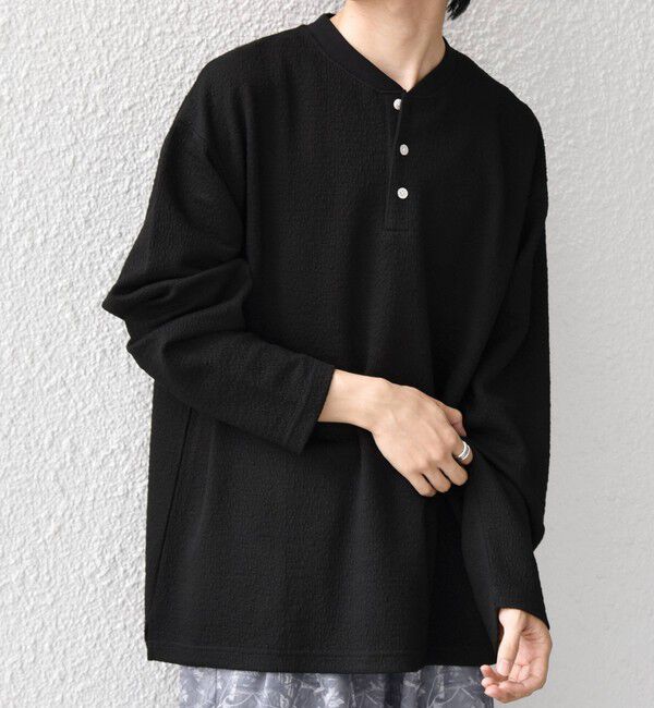 SHIPS any「〈洗濯機可能〉フクレ ジャカード リラックス ヘンリーネックTシャツ(ロンT)◇」|Tシャツ・カットソー|ブラック