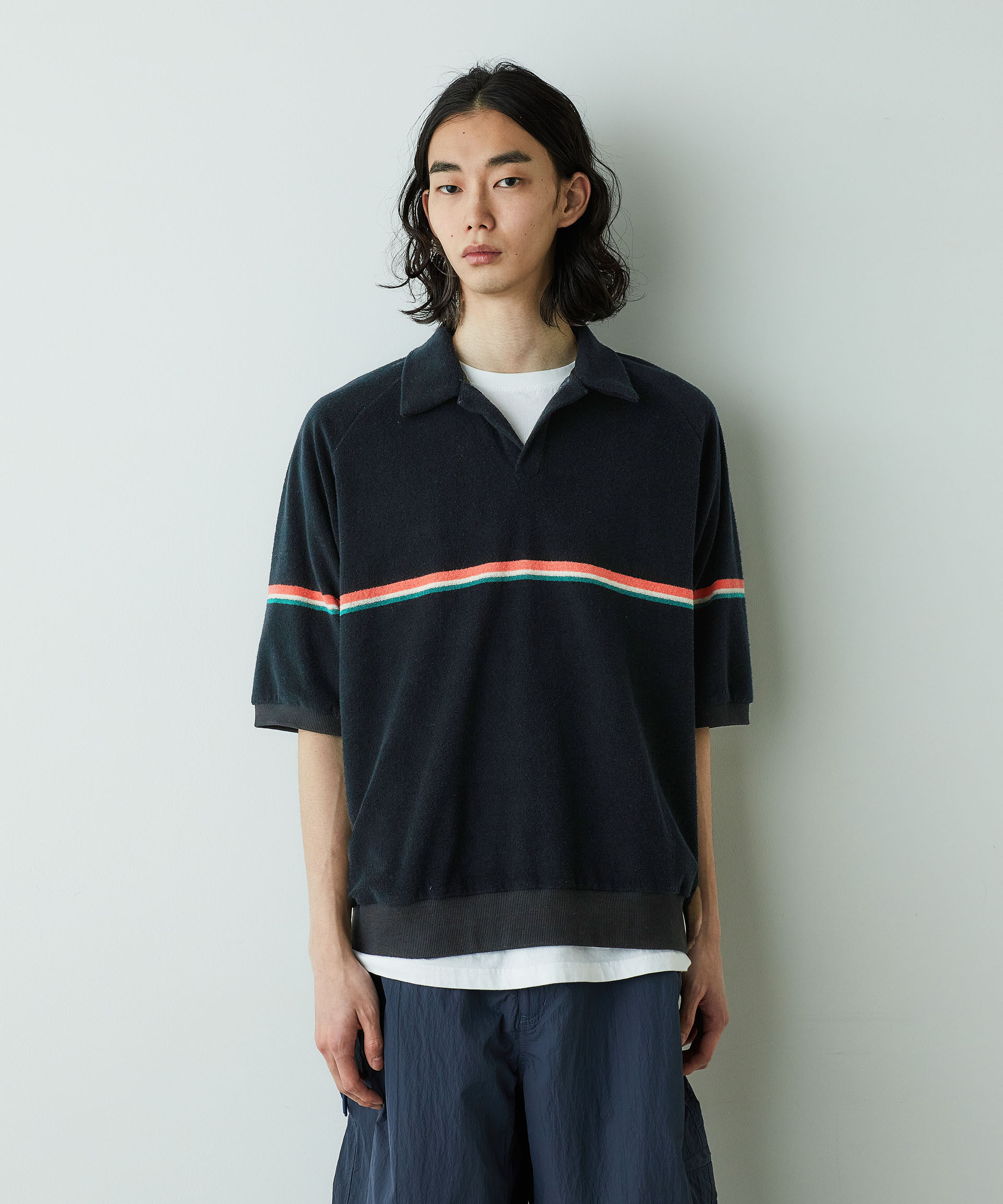 NANO universe「「HOTEL PALACE」オテルパラス レトロボーダーパイルスキッパーシャツ」|Tシャツ・カットソー|ブラック