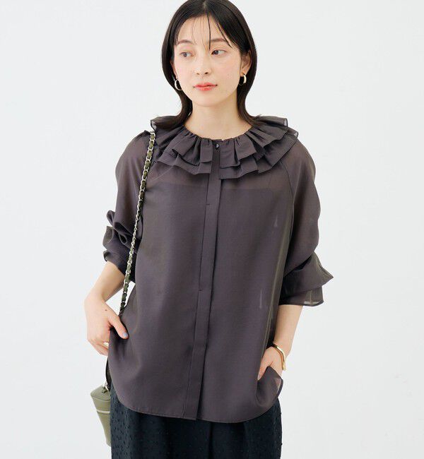 NOLLEY'S sophi「ウォッシャブルシアーフリルネックブラウス」|シャツ・ブラウス|チャコールグレー