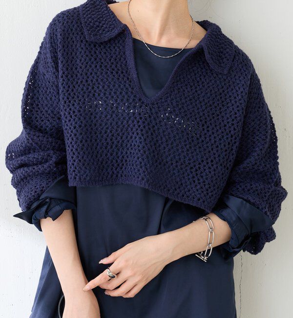  「【抜け感】メッシュクロップドスキッパーニット」|ニット・セーター|ネイビー