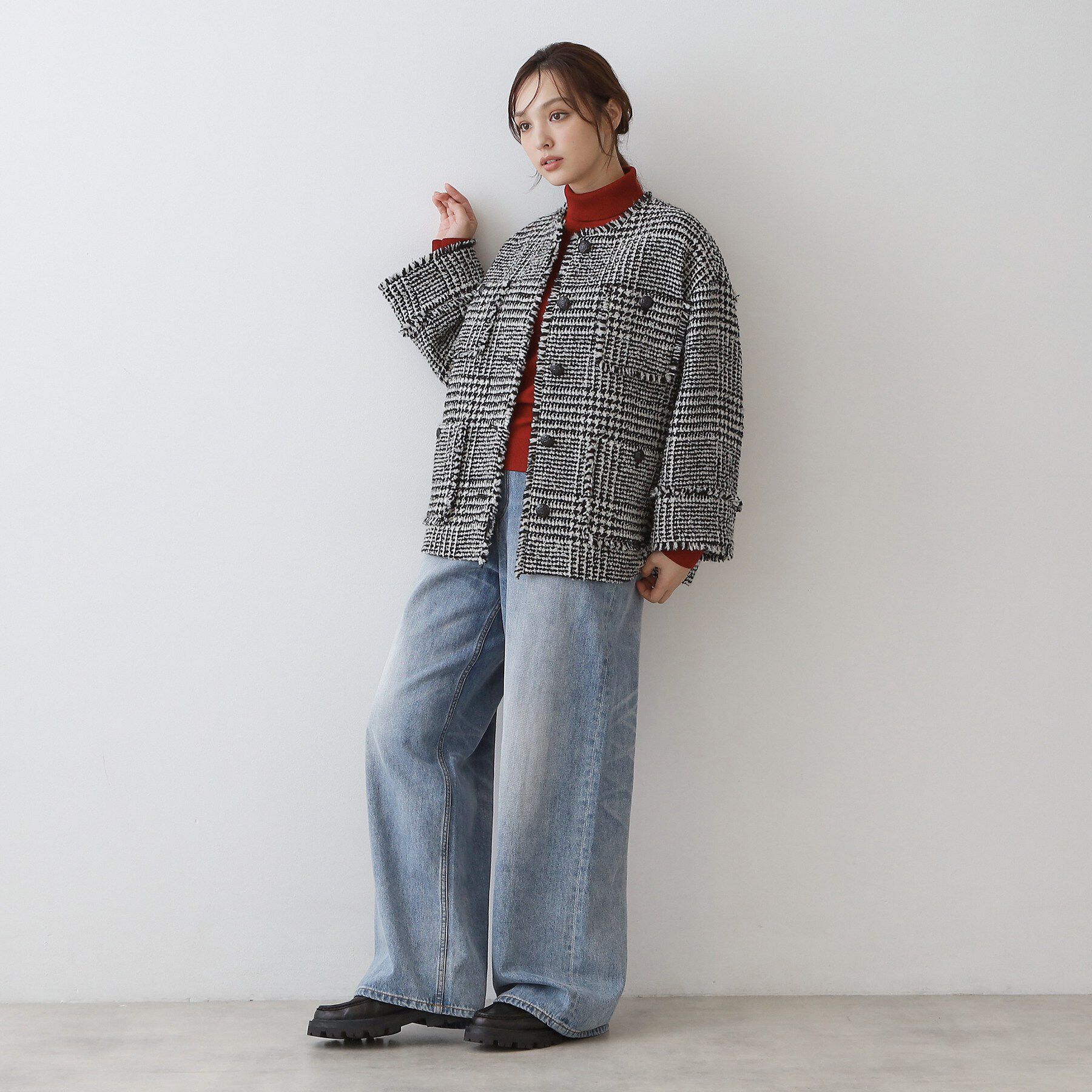DRESSTERIOR「グレンチェックツイードショートコート」|ノーカラージャケット|