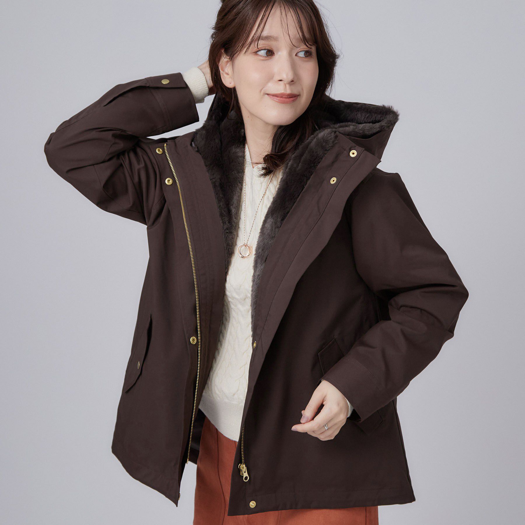SHOO･LA･RUE「【洗濯機可/撥水/マルチWAY】ファーライナー付き 毎日欲張りマンパ」|ブルゾン・スタジャン|ブラウン(044)
