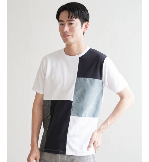 ikka「ブロックスCHスエード切り替えTシャツ」|Tシャツ・カットソー|ホワイト