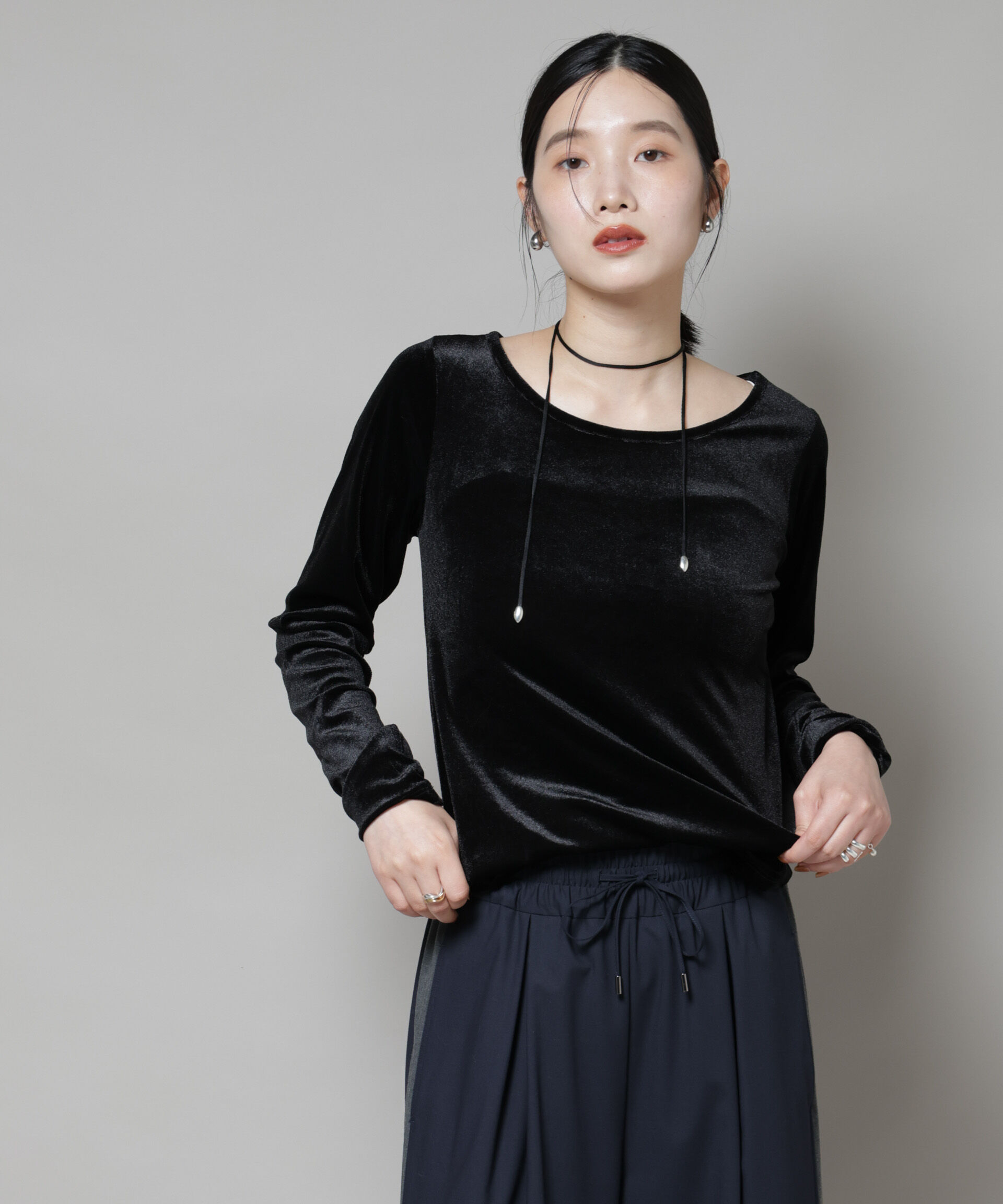nano･universe「前後2wayベロアカットトップス(セットアップ可)」|Tシャツ・カットソー|ブラック