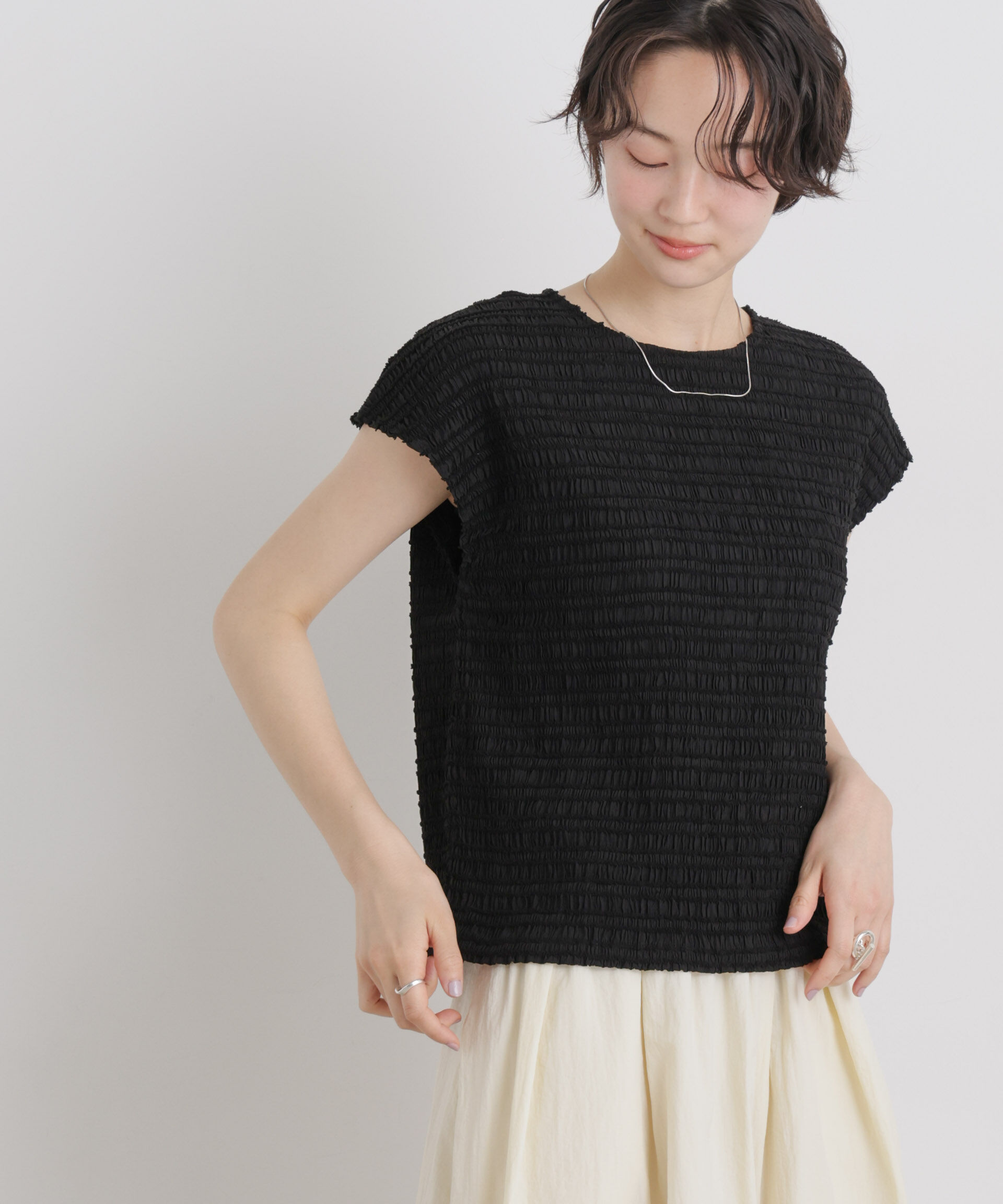 NANO universe「カットジャガードフレンチスリーブトップス(セットアップ可)」|Tシャツ・カットソー|