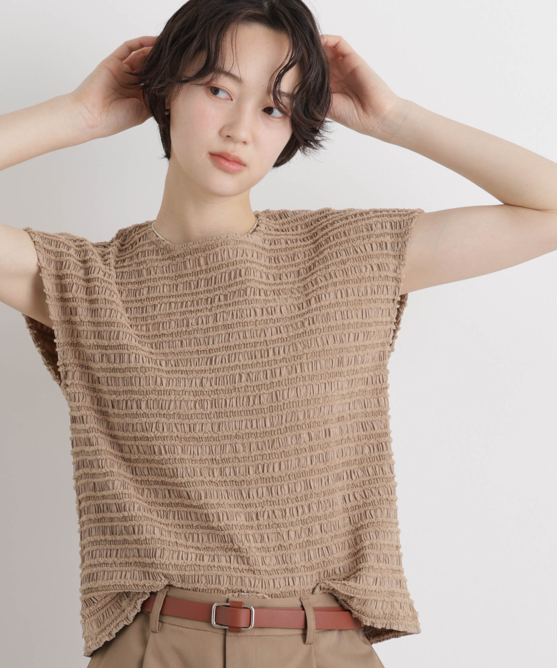 NANO universe「カットジャガードフレンチスリーブトップス(セットアップ可)」|Tシャツ・カットソー|