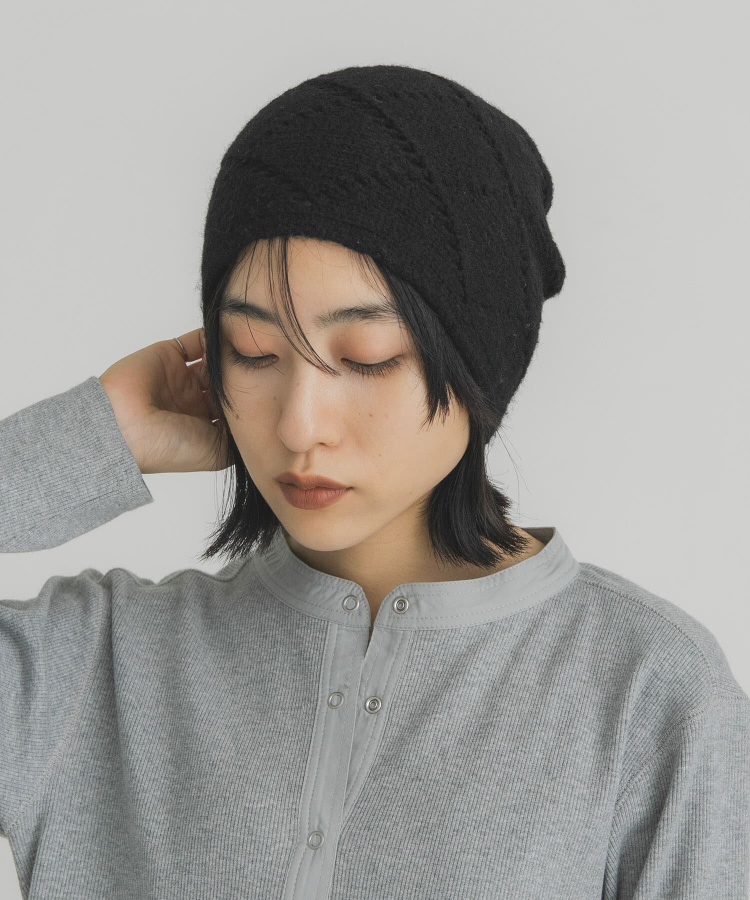  「ダイヤパターンニットビーニー」|ニット帽|ブラック