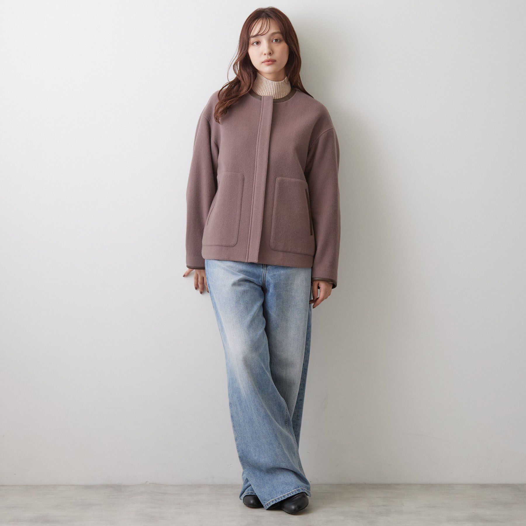 DRESSTERIOR「Super140's レザー調パイピングジャケット」|ブルゾン・スタジャン|