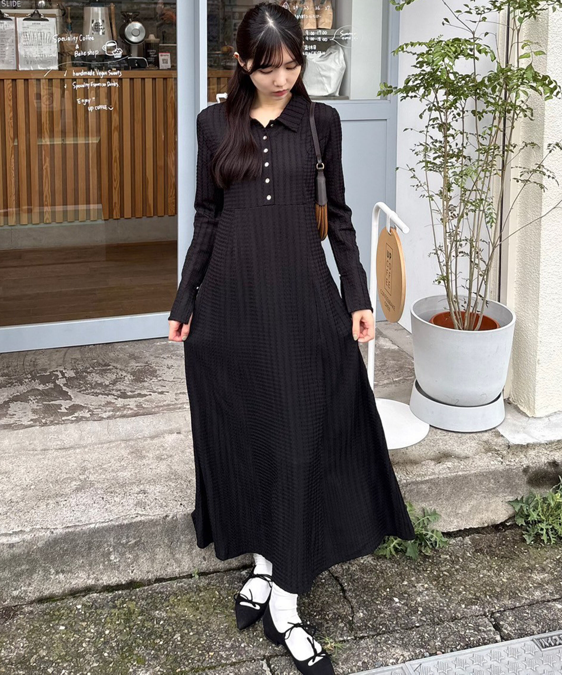  「カットジャガード長袖ポロワンピース」|ワンピース|ブラック