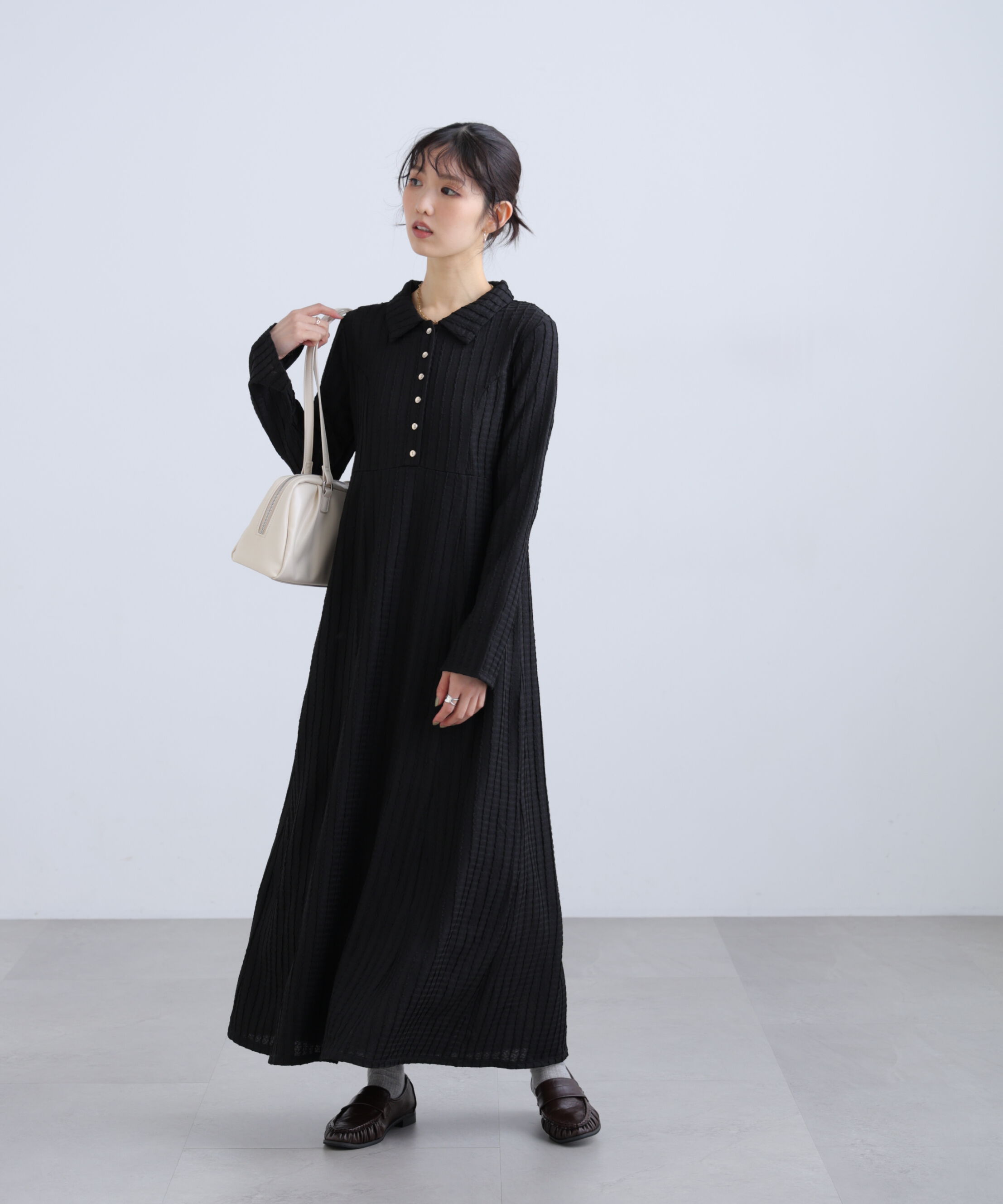  「カットジャガード長袖ポロワンピース」|ワンピース|