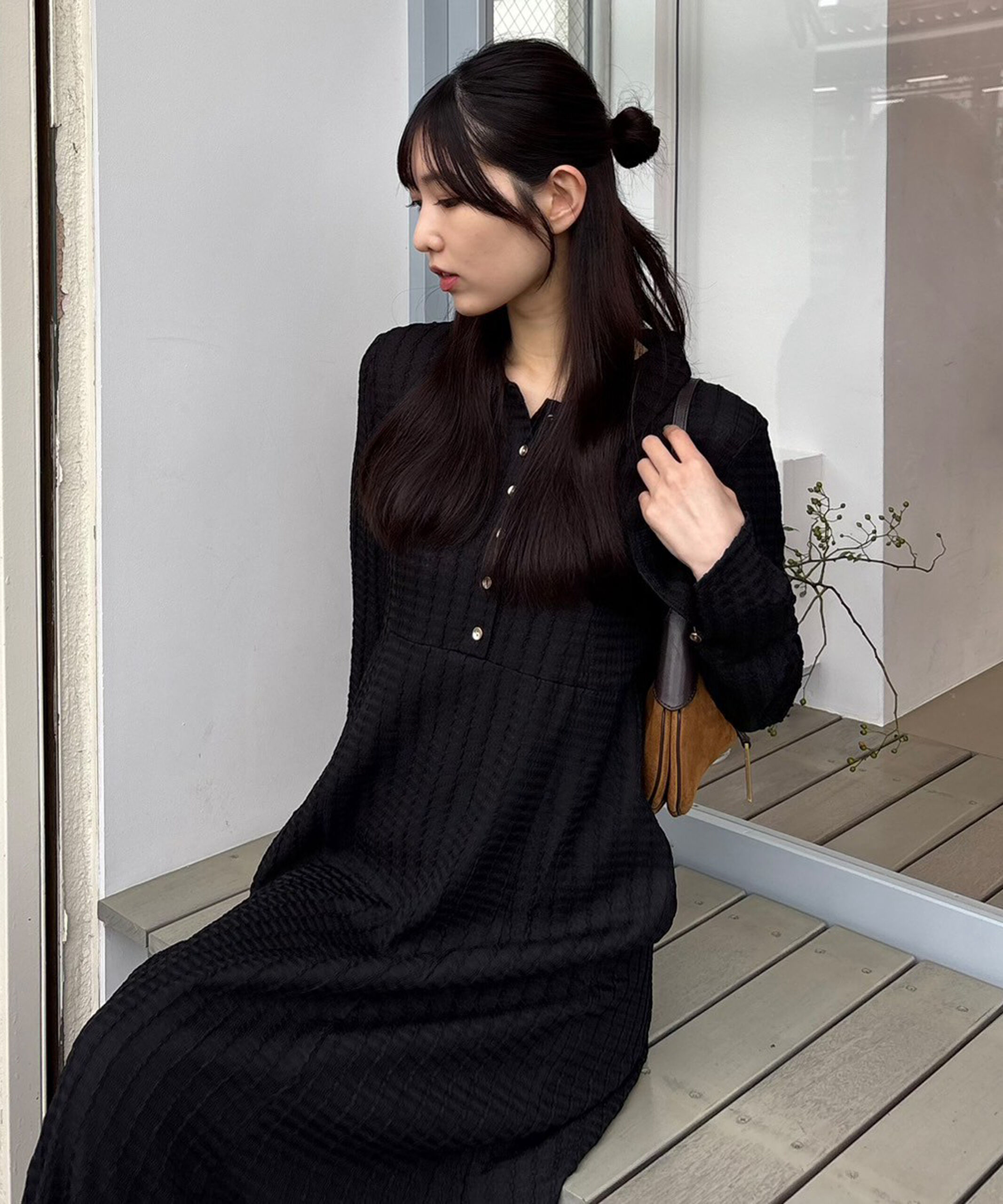  「カットジャガード長袖ポロワンピース」|ワンピース|