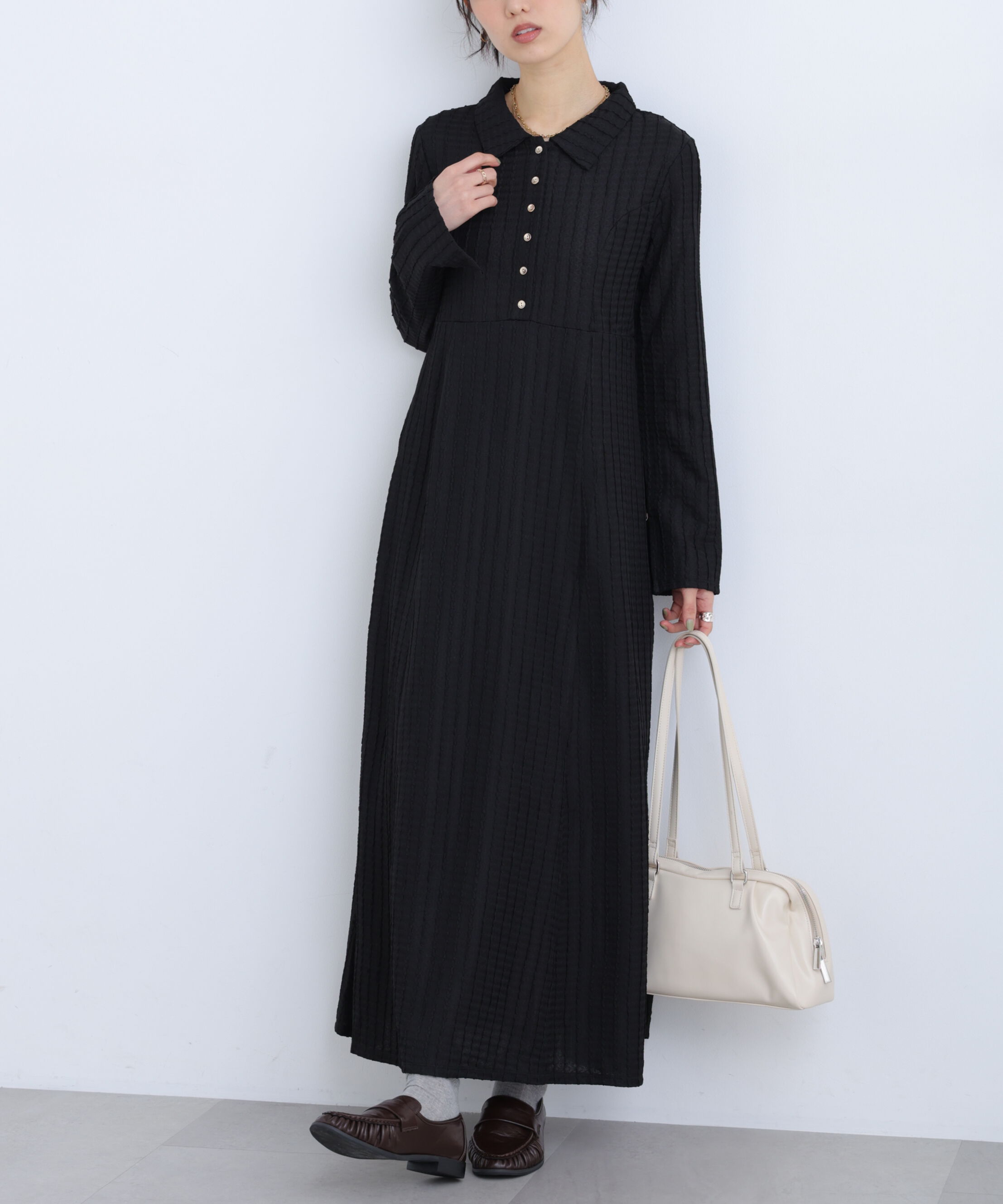  「カットジャガード長袖ポロワンピース」|ワンピース|
