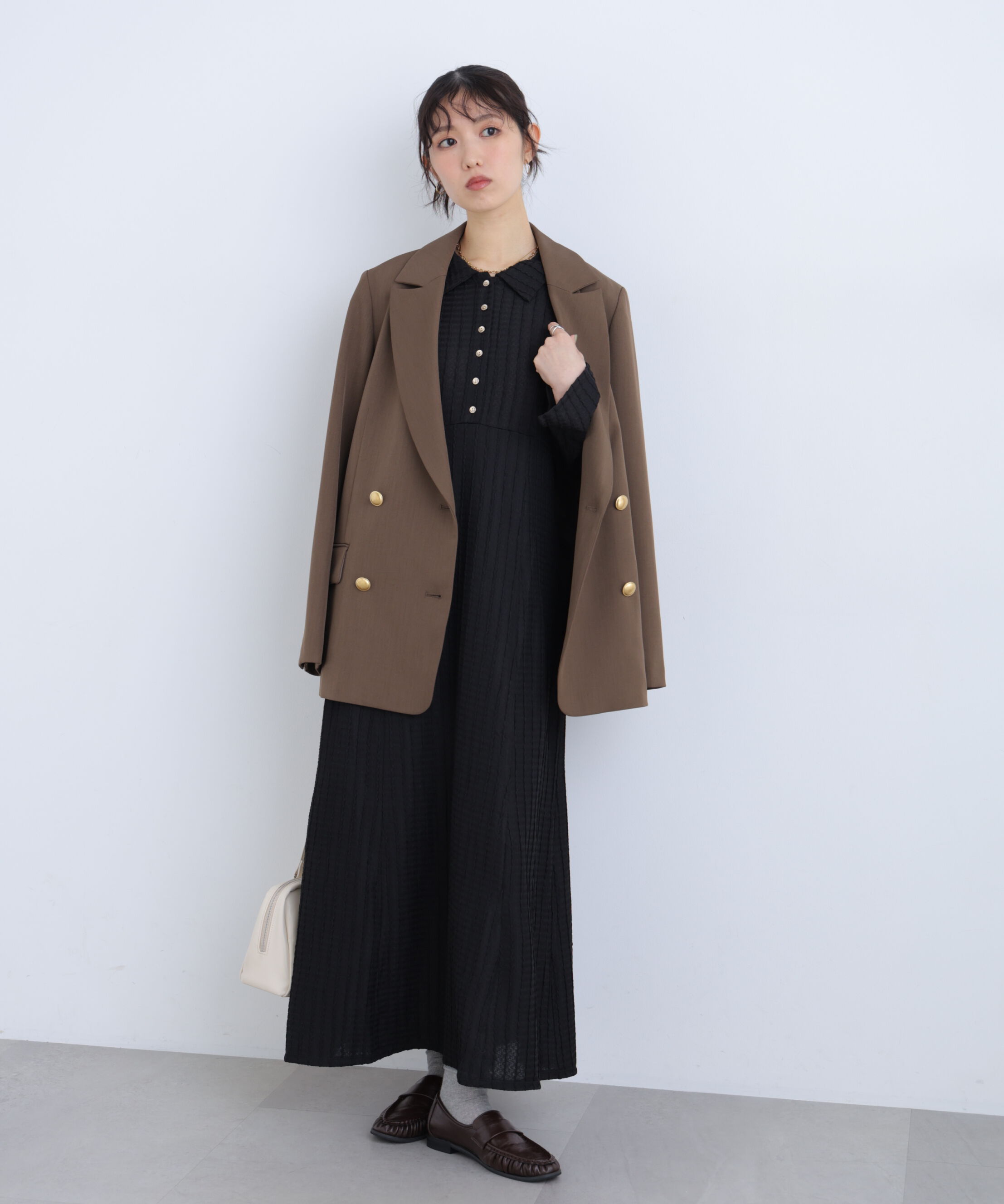  「カットジャガード長袖ポロワンピース」|ワンピース|