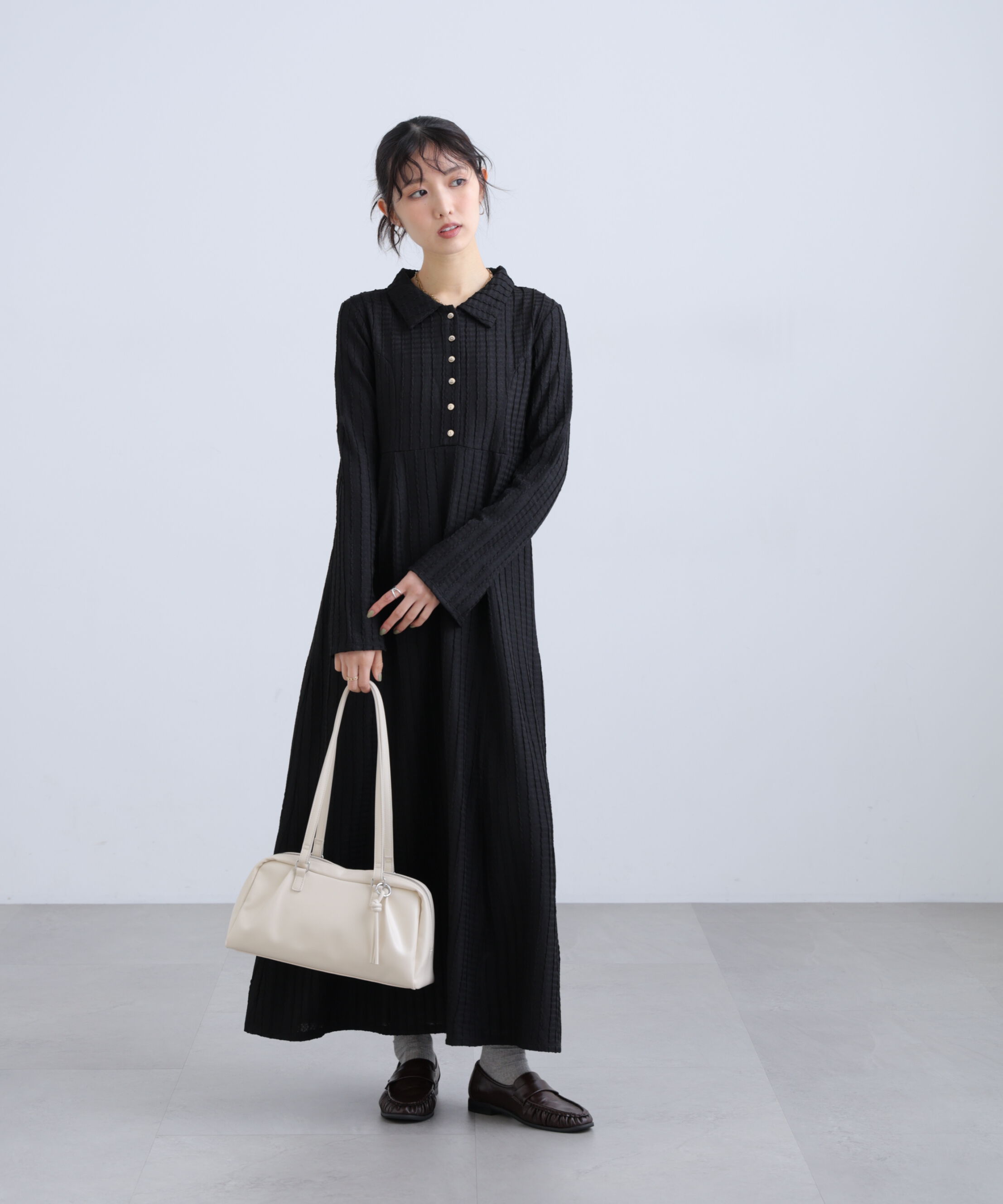  「カットジャガード長袖ポロワンピース」|ワンピース|