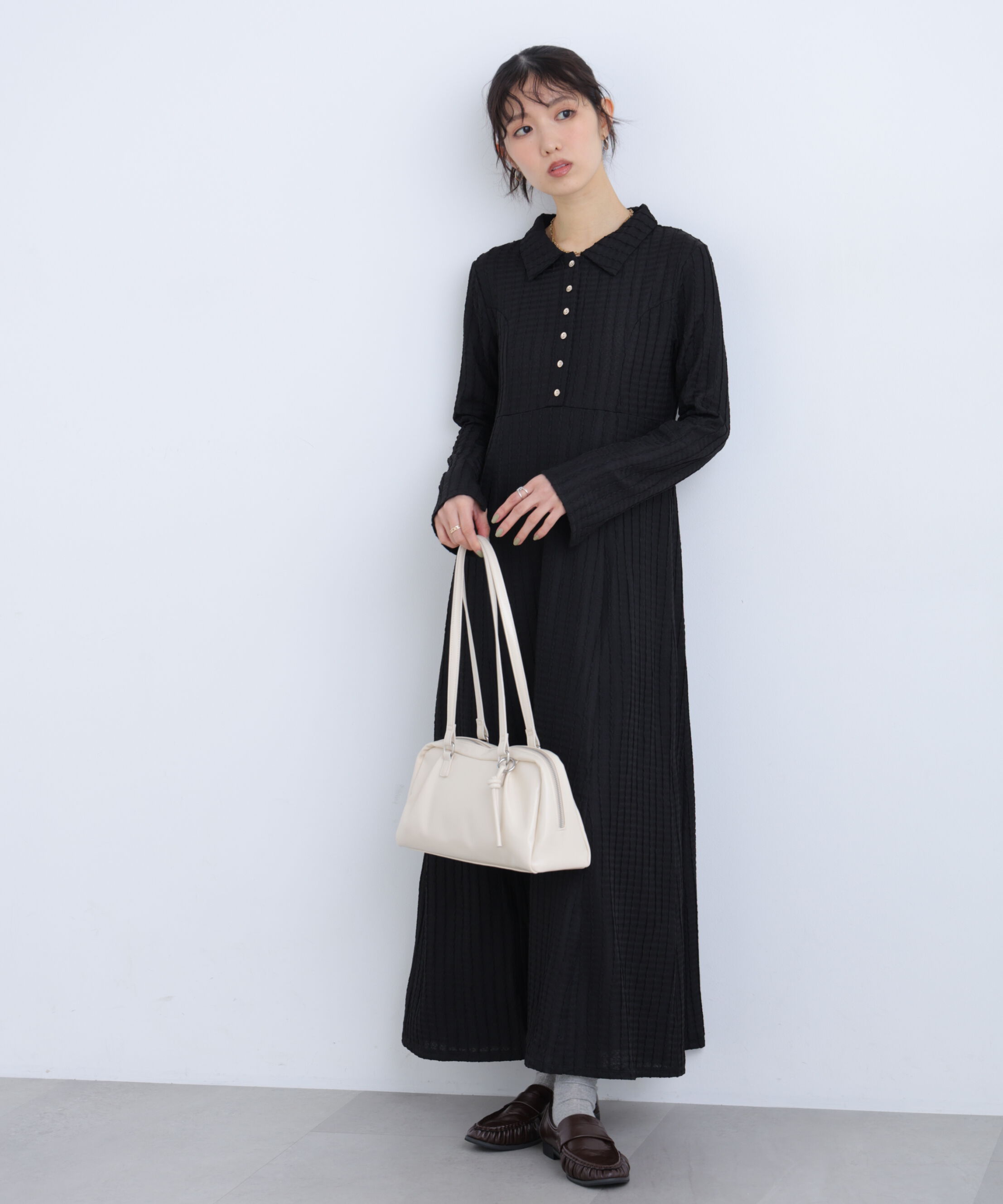  「カットジャガード長袖ポロワンピース」|ワンピース|