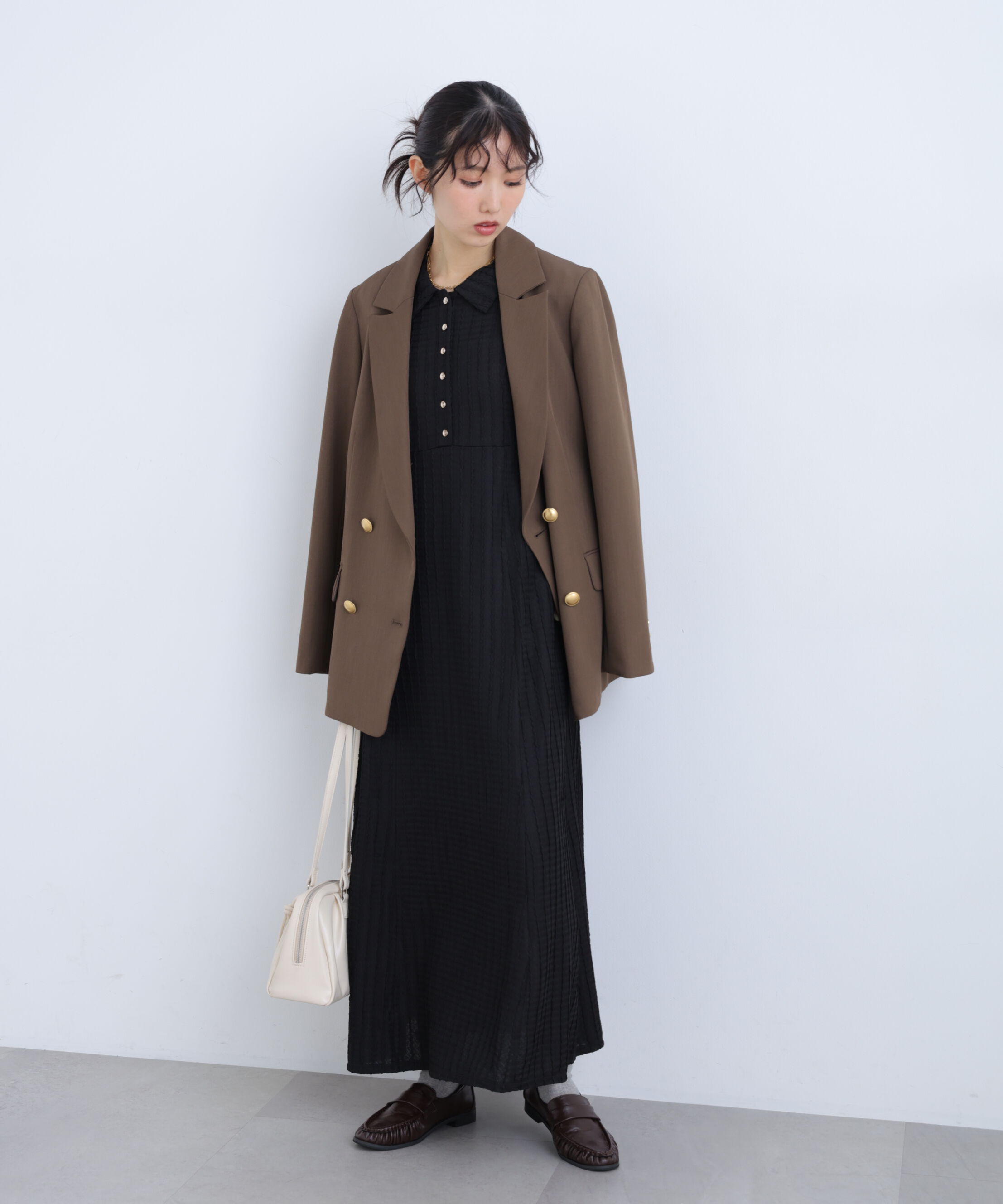  「カットジャガード長袖ポロワンピース」|ワンピース|