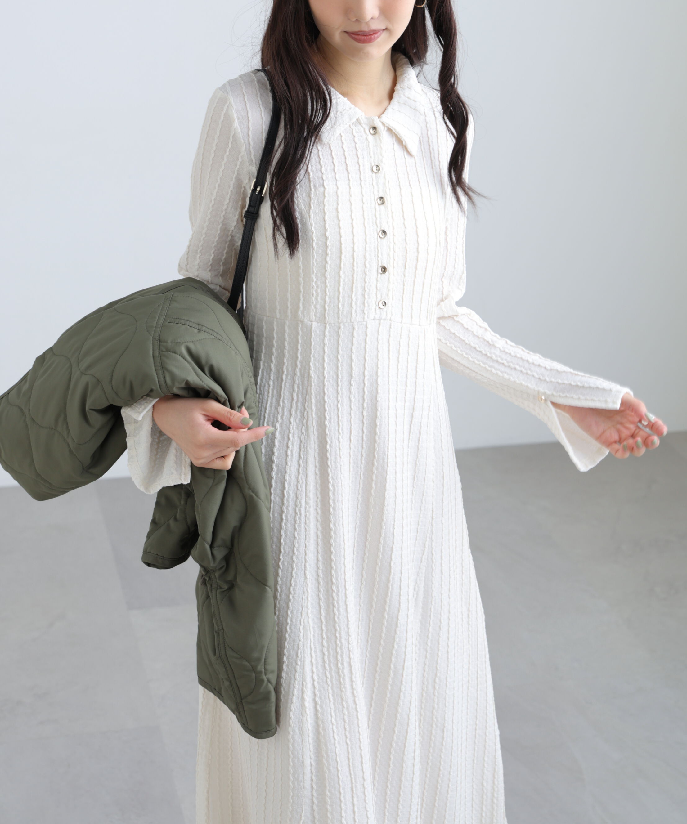  「カットジャガード長袖ポロワンピース」|ワンピース|ホワイト