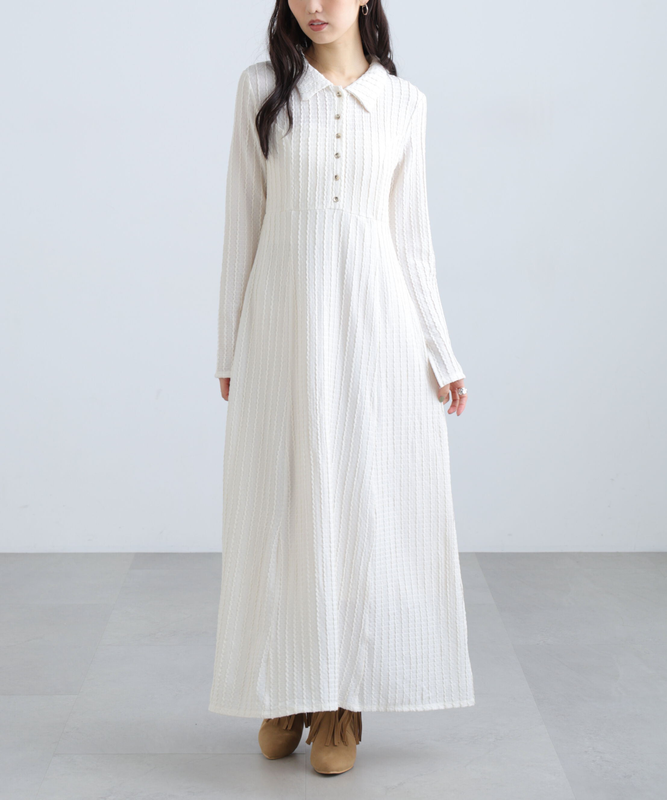  「カットジャガード長袖ポロワンピース」|ワンピース|