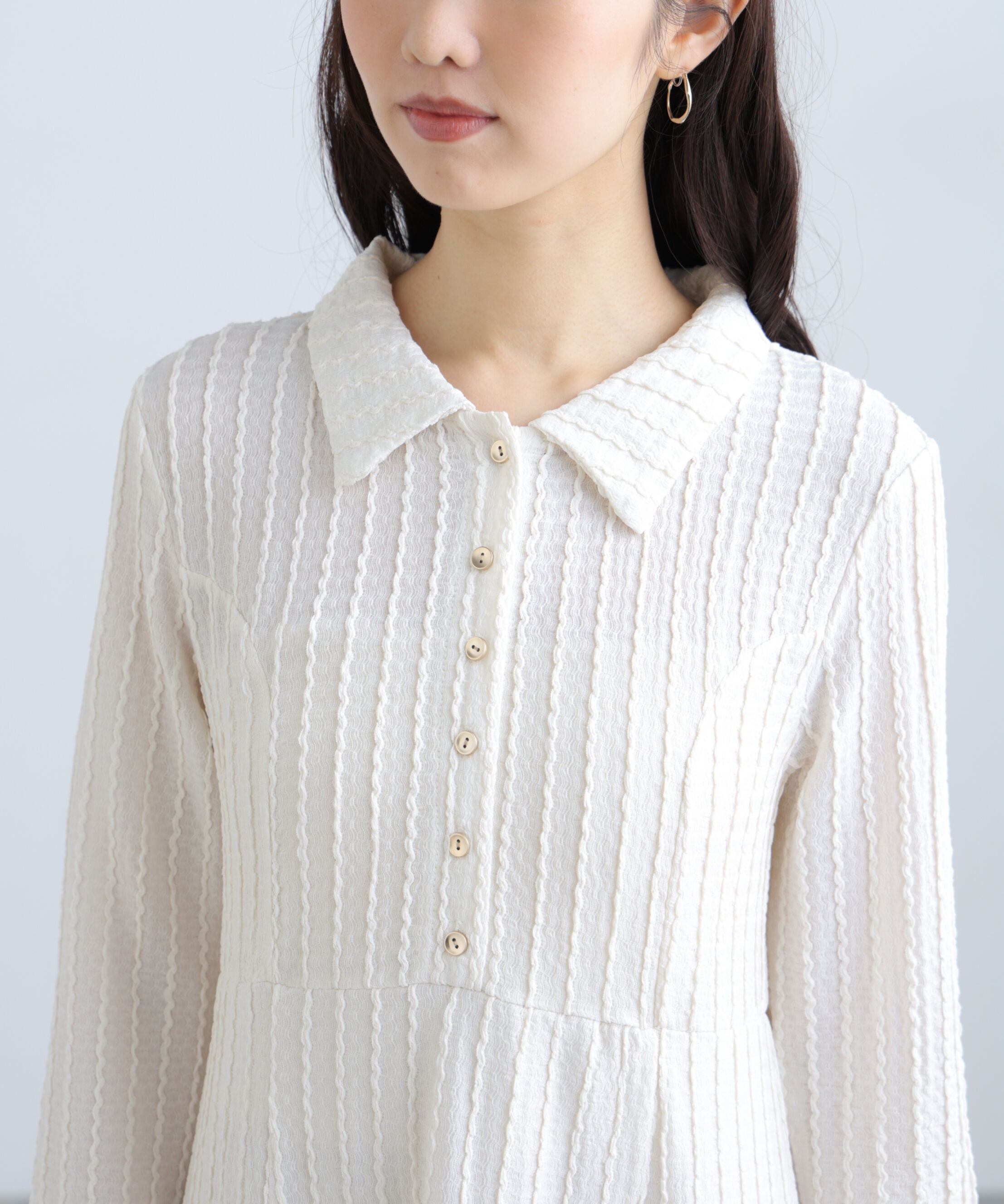  「カットジャガード長袖ポロワンピース」|ワンピース|