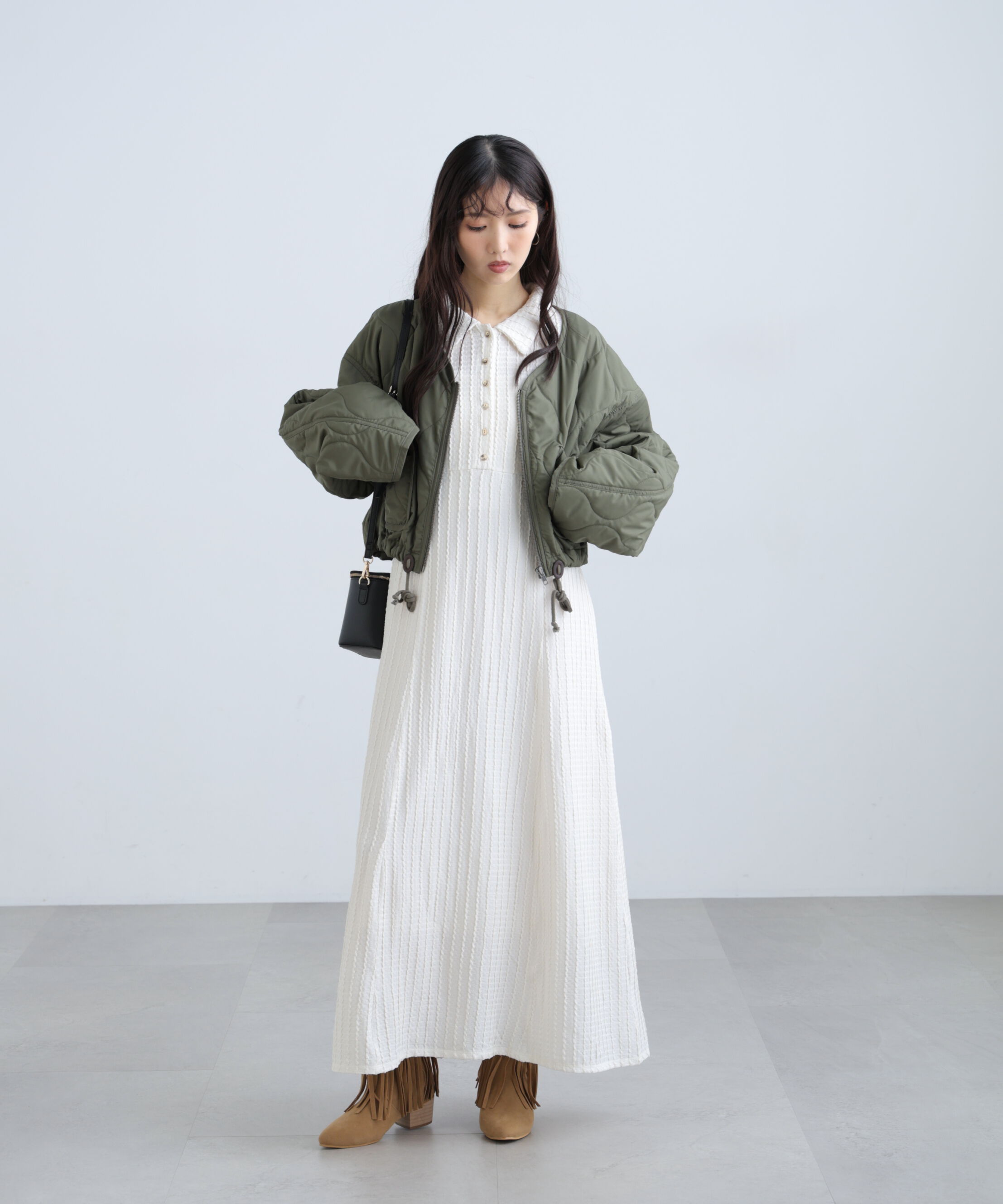  「カットジャガード長袖ポロワンピース」|ワンピース|
