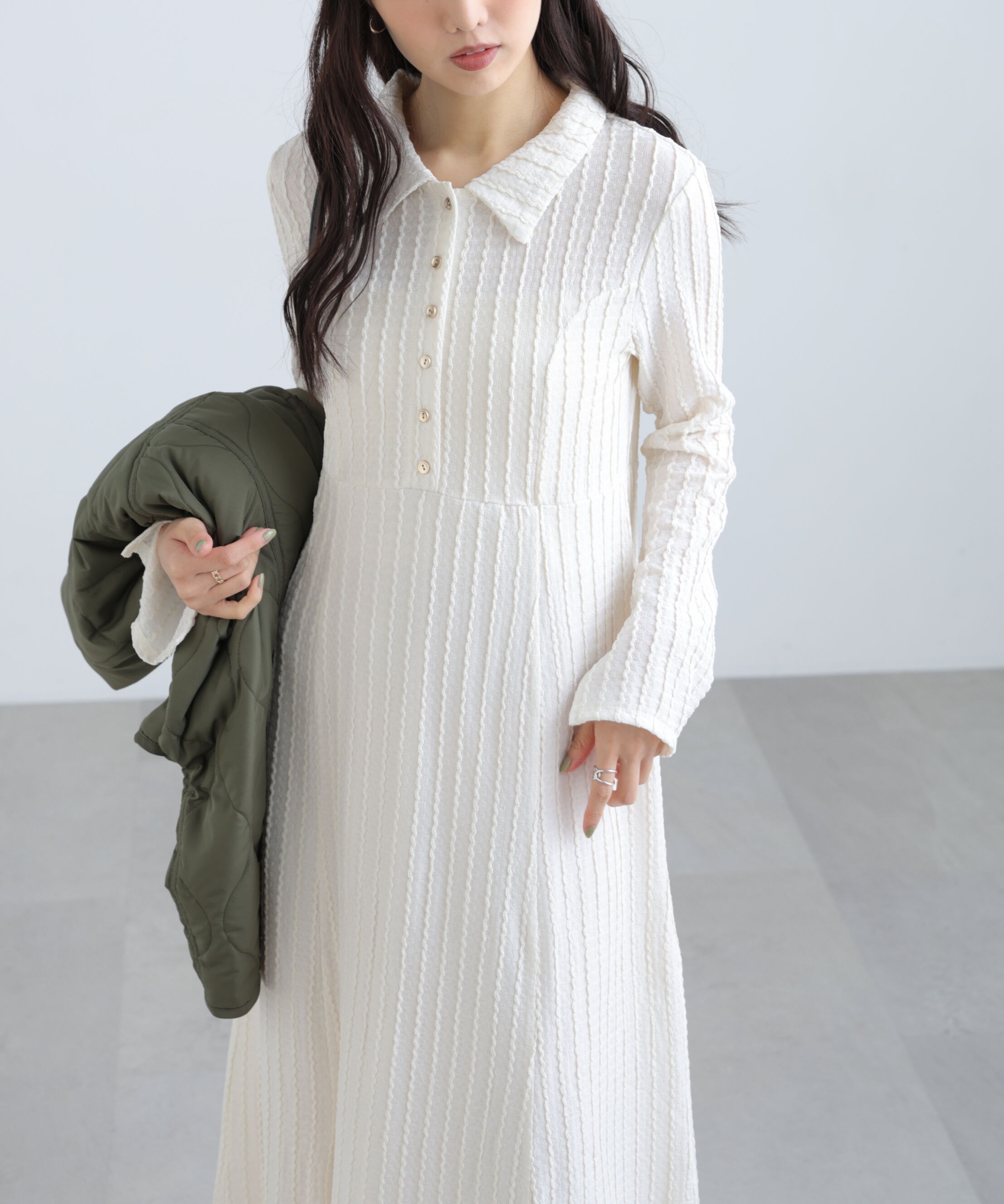  「カットジャガード長袖ポロワンピース」|ワンピース|