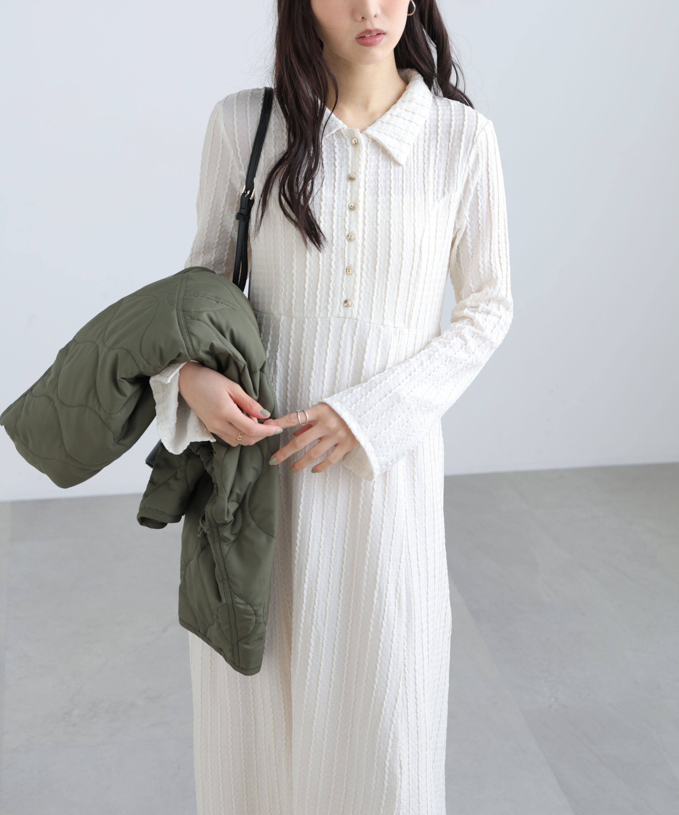  「カットジャガード長袖ポロワンピース」|ワンピース|