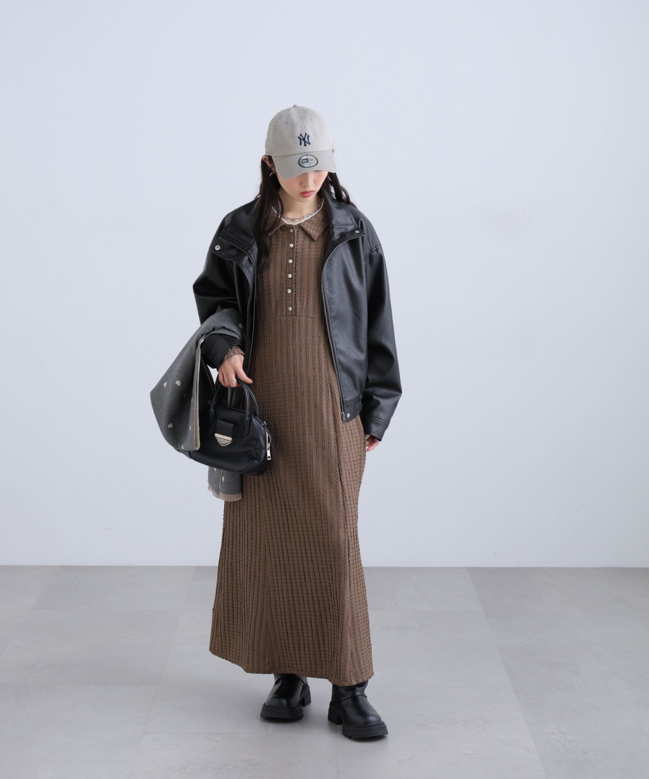  「カットジャガード長袖ポロワンピース」|ワンピース|