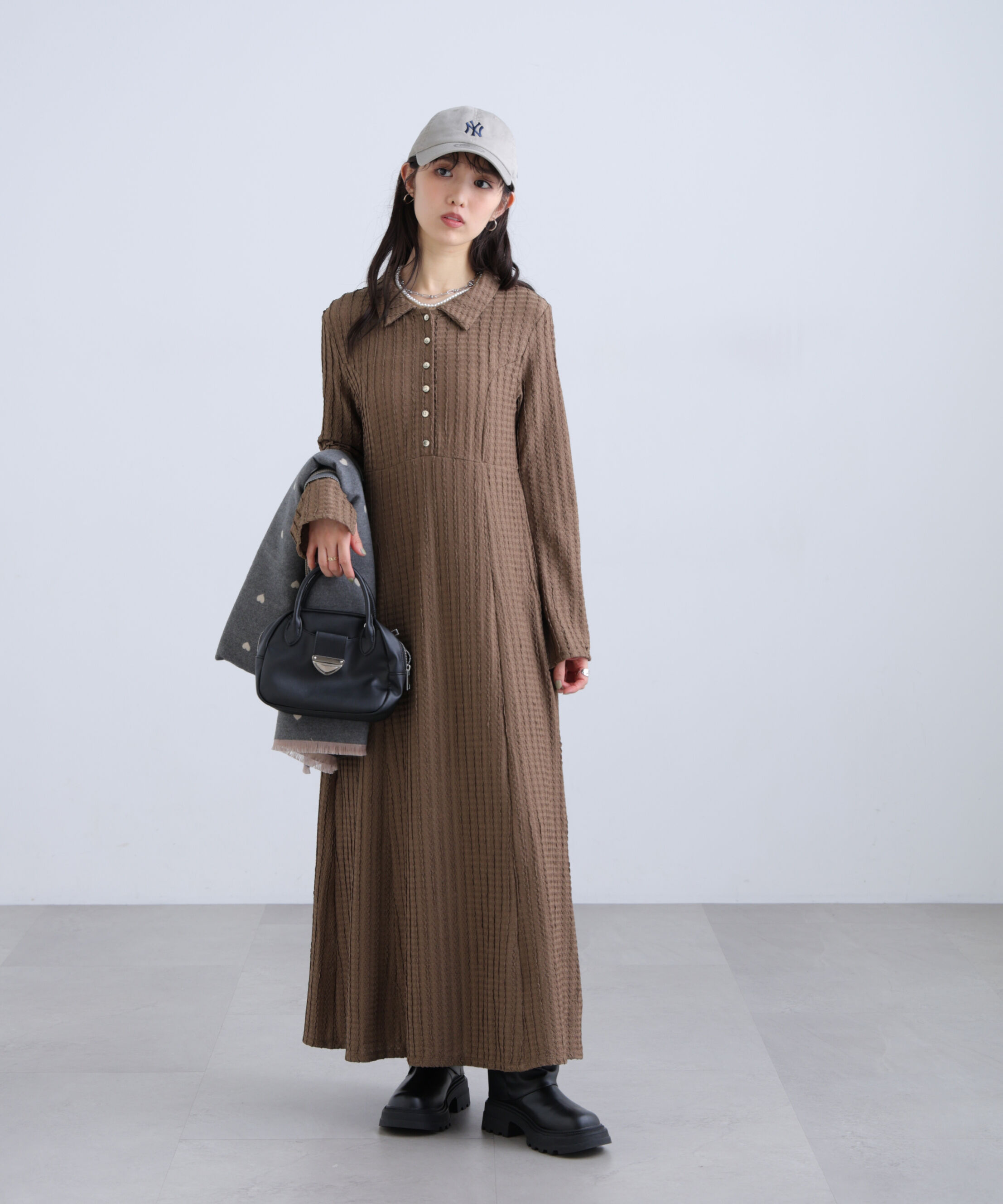  「カットジャガード長袖ポロワンピース」|ワンピース|