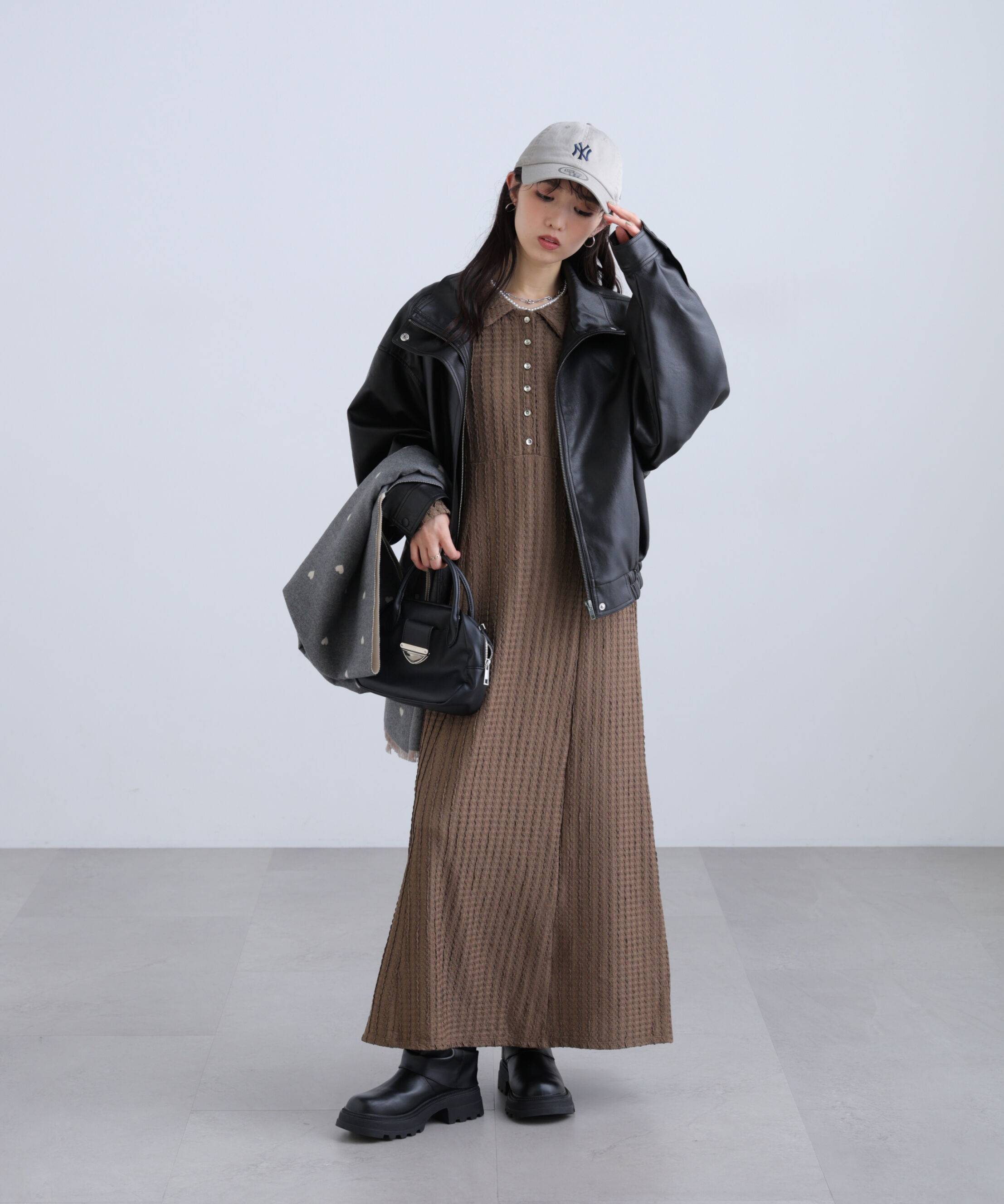  「カットジャガード長袖ポロワンピース」|ワンピース|