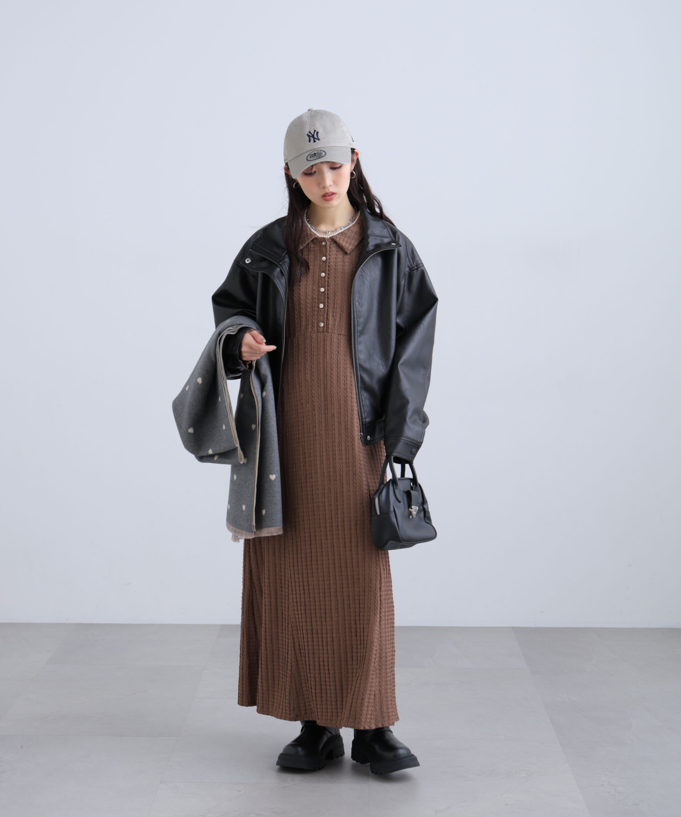  「カットジャガード長袖ポロワンピース」|ワンピース|