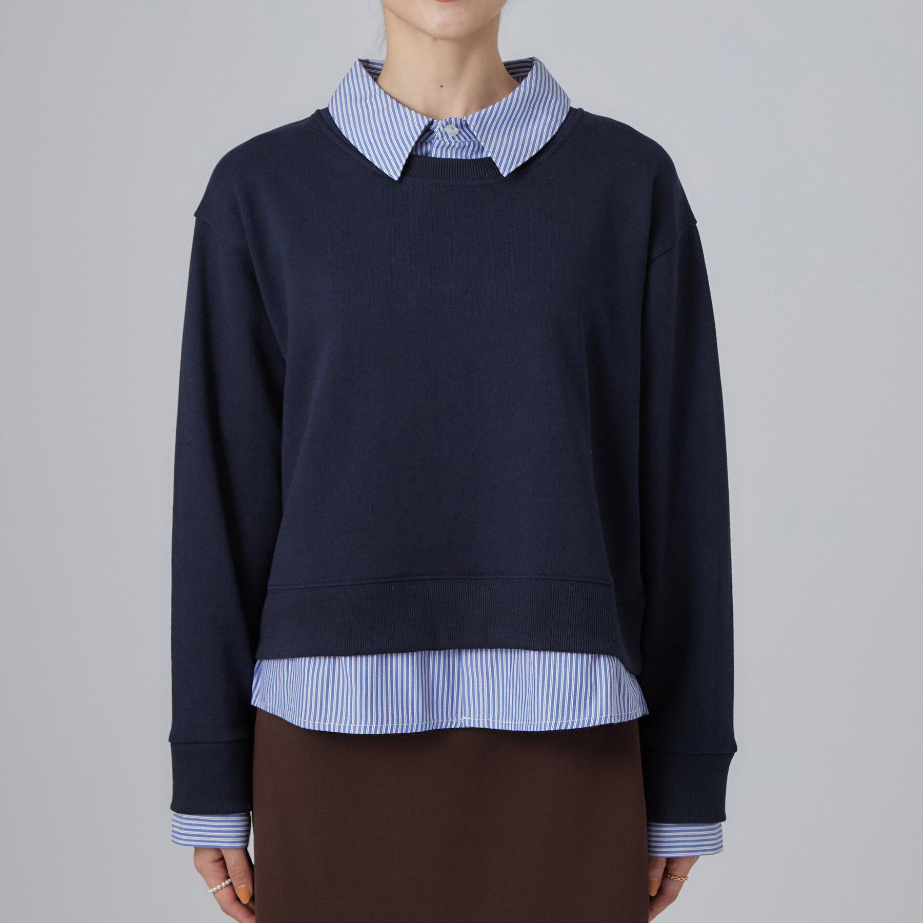 SHOO･LA･RUE「【S-LL/洗濯機可】一枚でレイヤード感が完成する シャツドッキング裏毛トップス」|Tシャツ・カットソー|