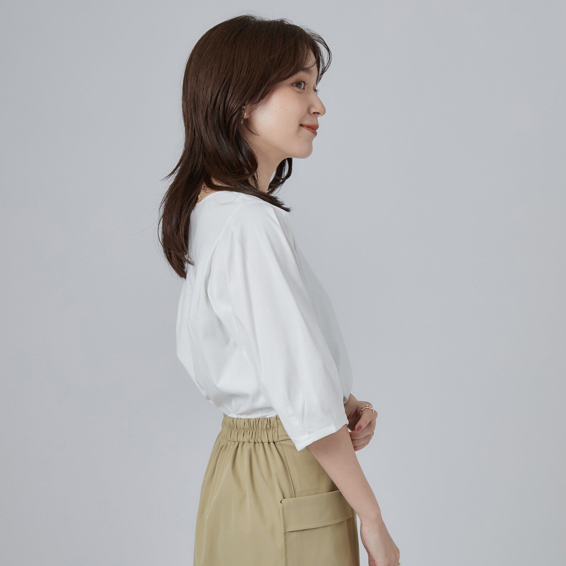 SHOO･LA･RUE「【ひんやり／吸水速乾】クールドライコットン 綿100％ キーネックパフスリーブトップス」|Tシャツ・カットソー|