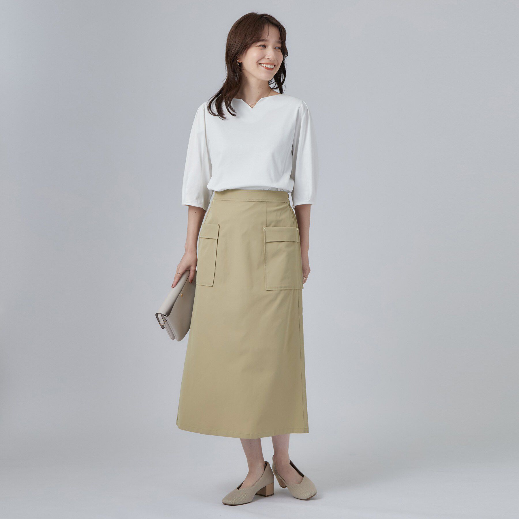 SHOO･LA･RUE「【ひんやり／吸水速乾】クールドライコットン 綿100％ キーネックパフスリーブトップス」|Tシャツ・カットソー|